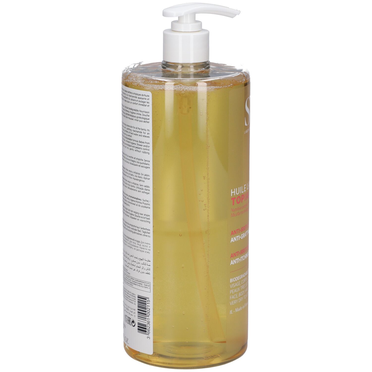 Retro del flacone di olio lavante micellare SVR Topialyse con informazioni sul prodotto.