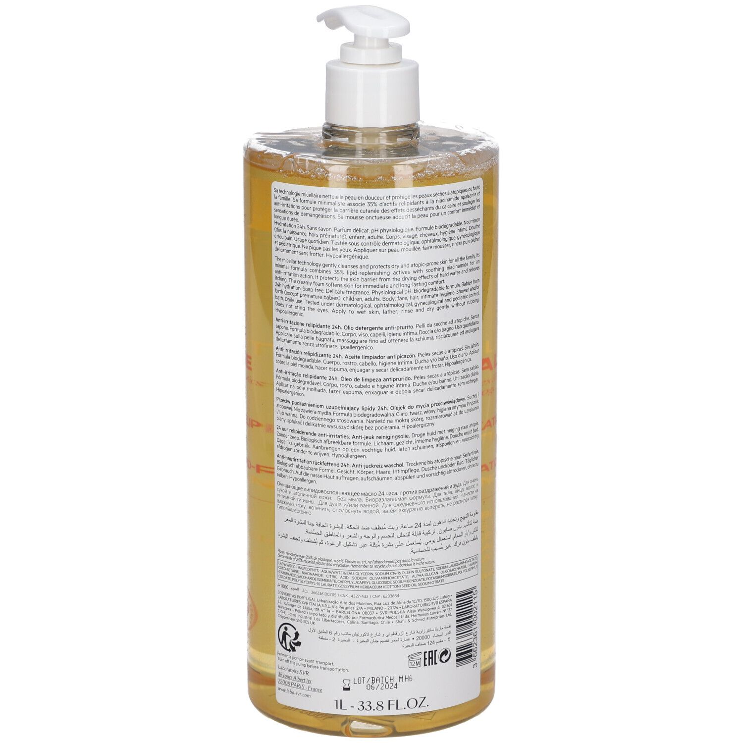 Retro del flacone di olio lavante micellare SVR Topialyse con informazioni dettagliate.