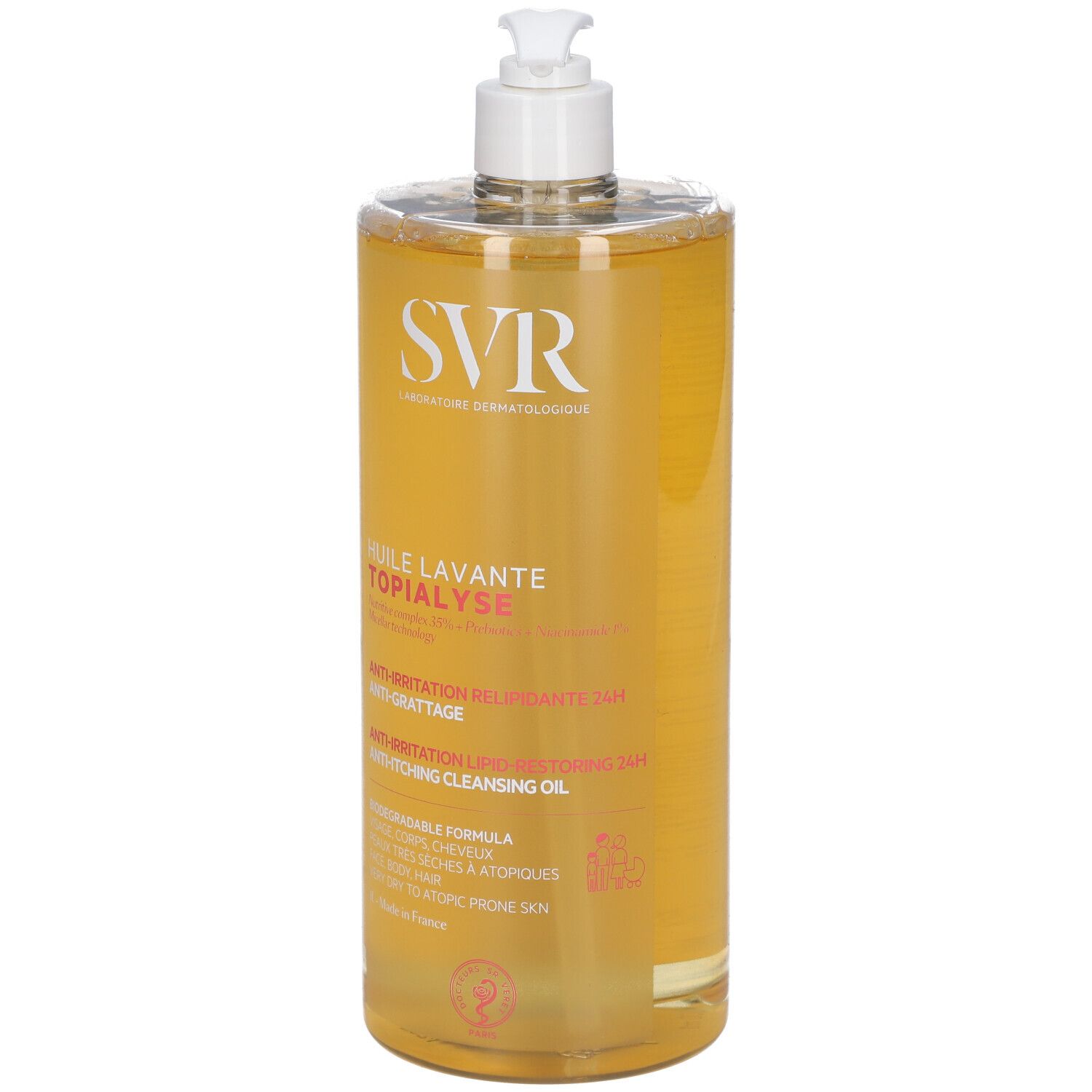 Olio lavante micellare SVR Topialyse in flacone trasparente con dispenser a pompa, vista frontale.