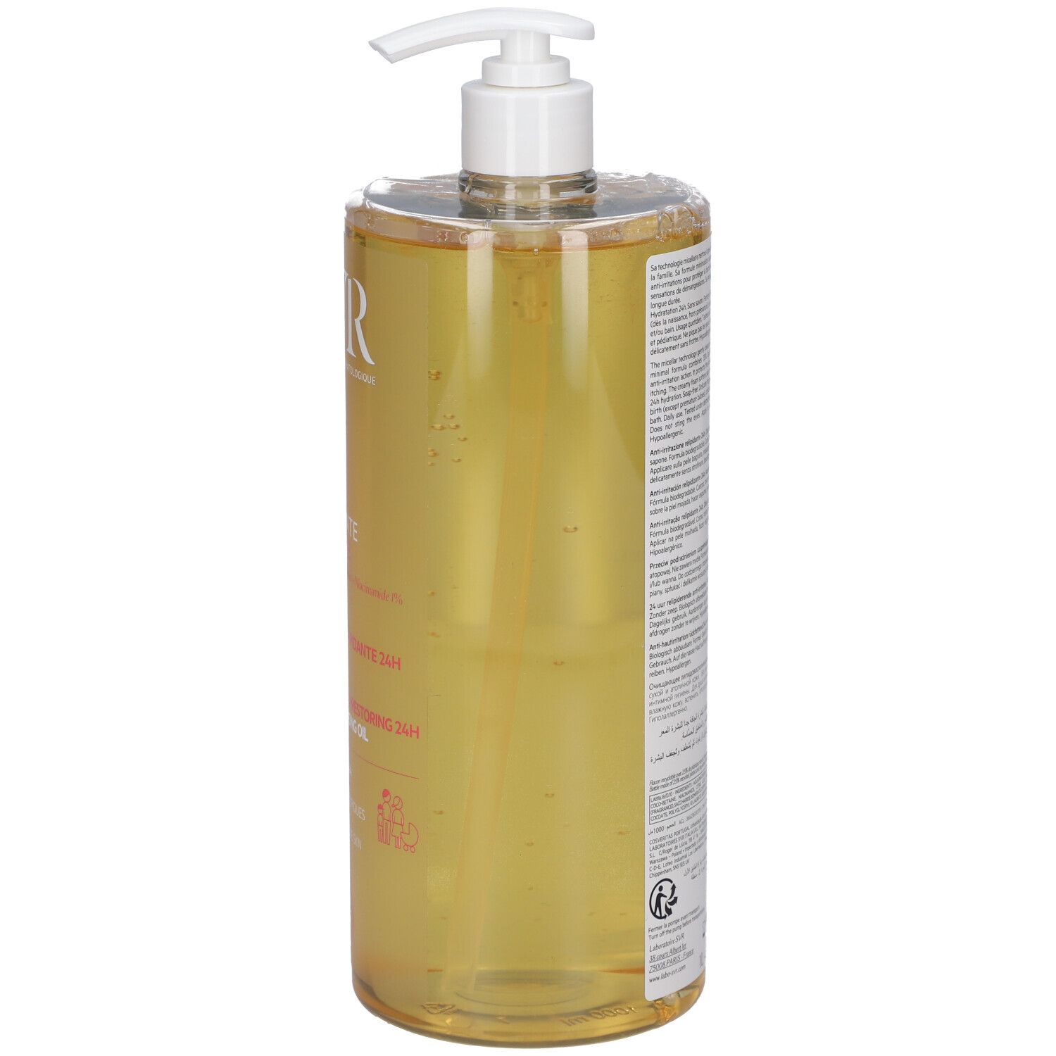 Lato del flacone di olio lavante micellare SVR Topialyse con dispenser a pompa.