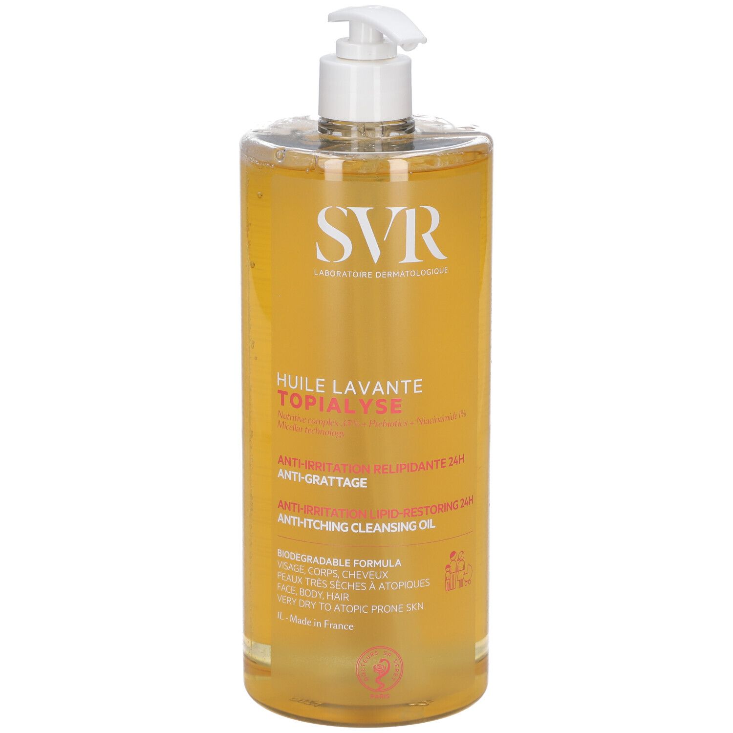 Olio lavante micellare SVR Topialyse in flacone trasparente con dispenser a pompa, leggermente angolato.