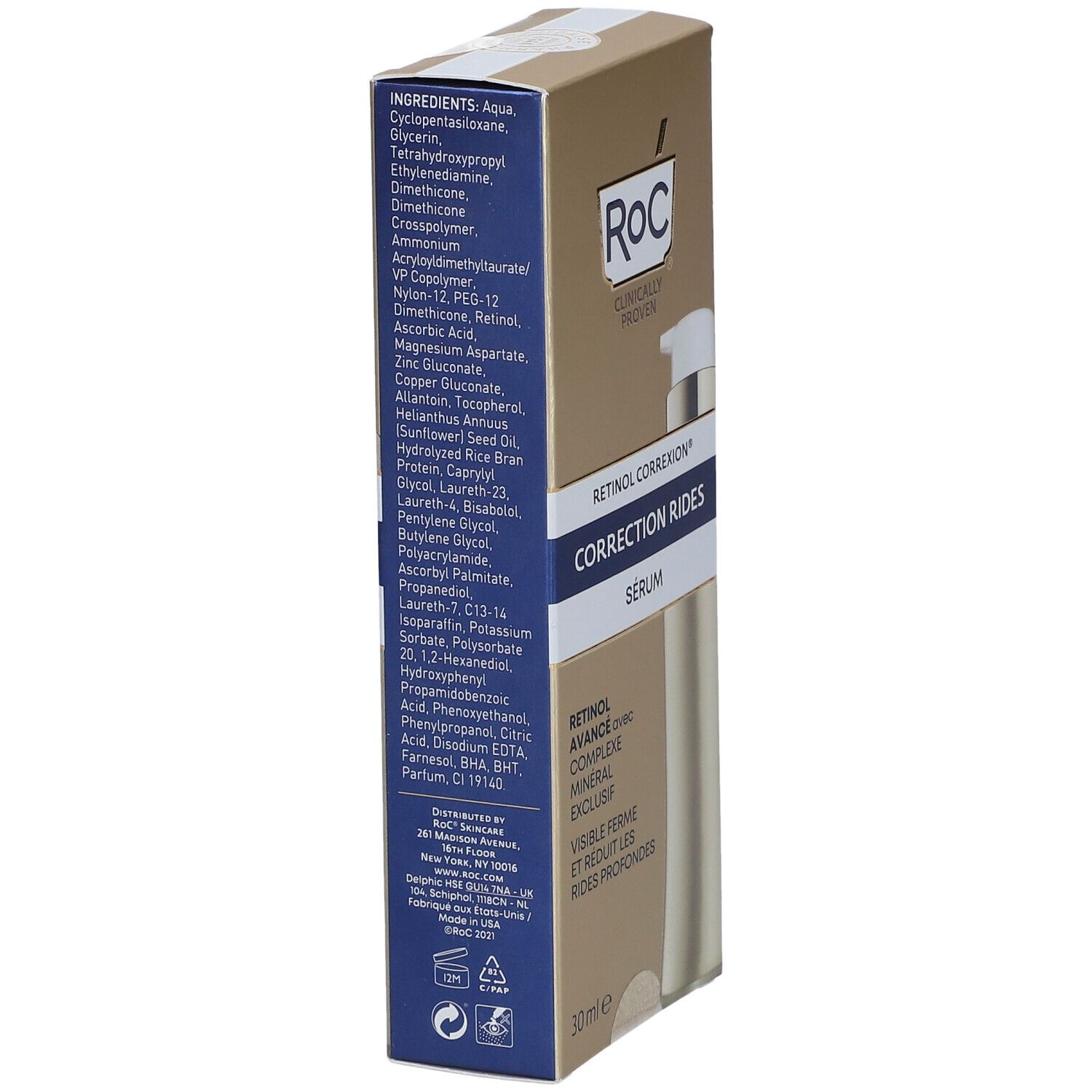 Retro della confezione del siero RoC®. Contiene ingredienti e informazioni. Scatola dorata con testo blu.