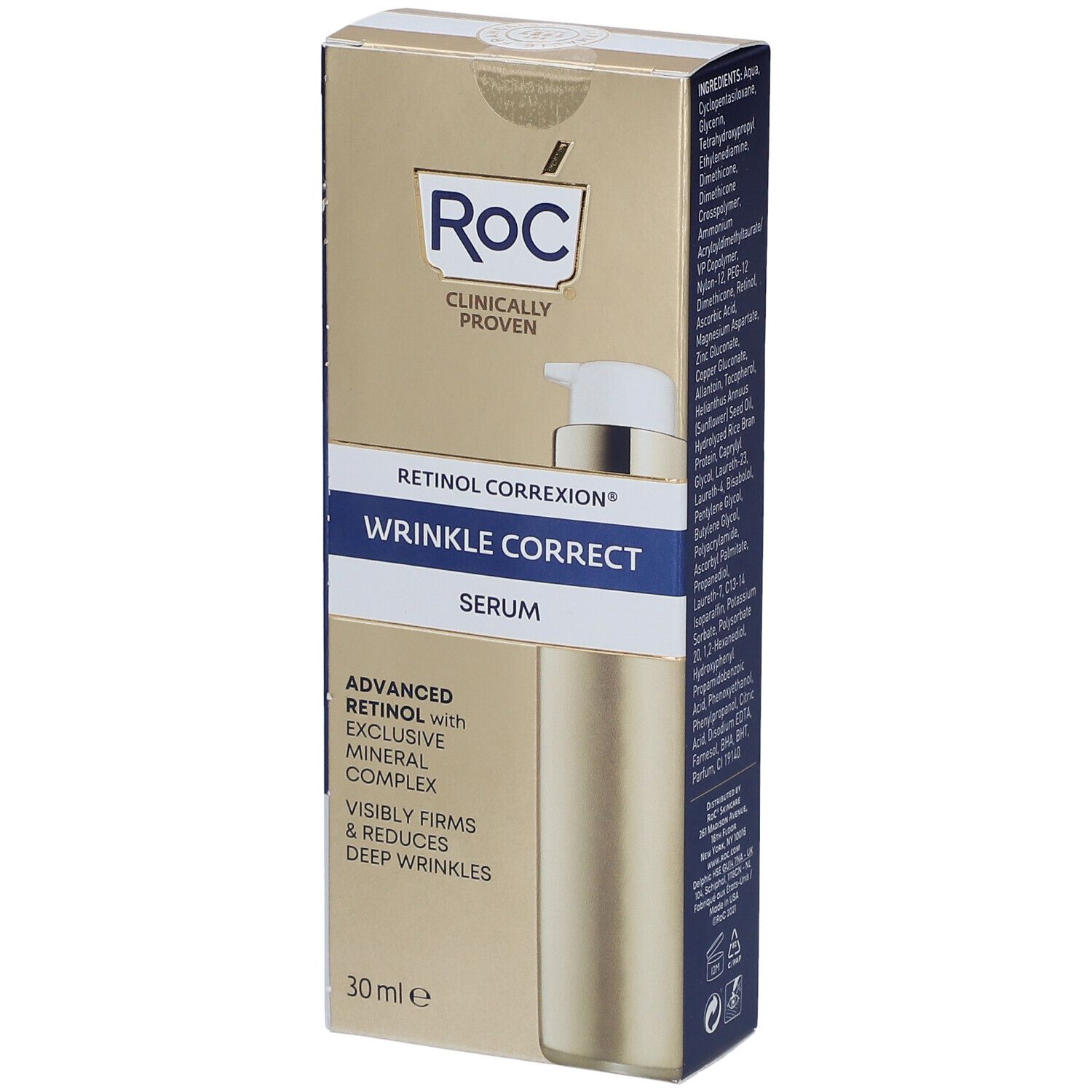 Siero RoC® per la correzione delle rughe in confezione. Flacone dorato con dosatore. Scritta: WRINKLE CORRECT.