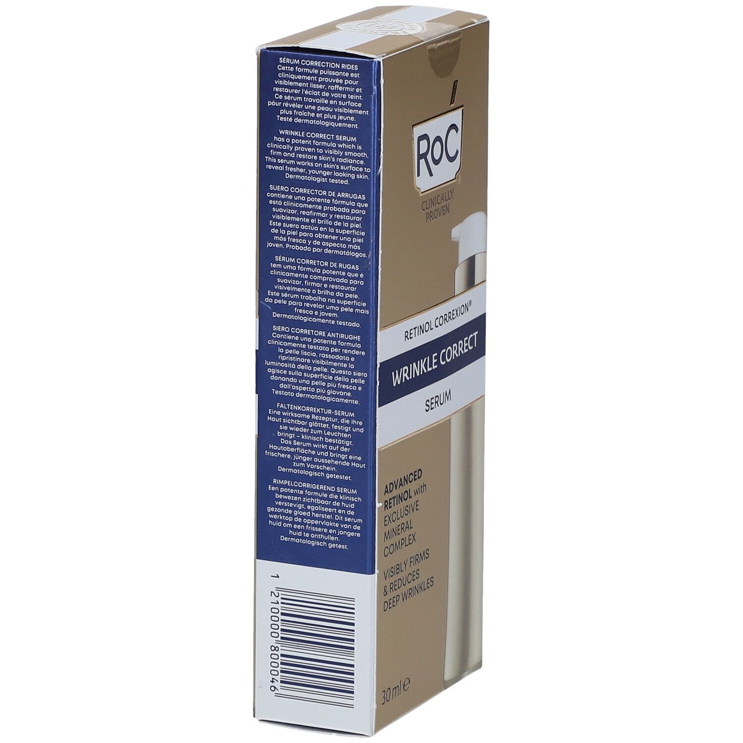 Retro della confezione del siero RoC®. Contiene informazioni e codice a barre. Scatola dorata con testo blu.