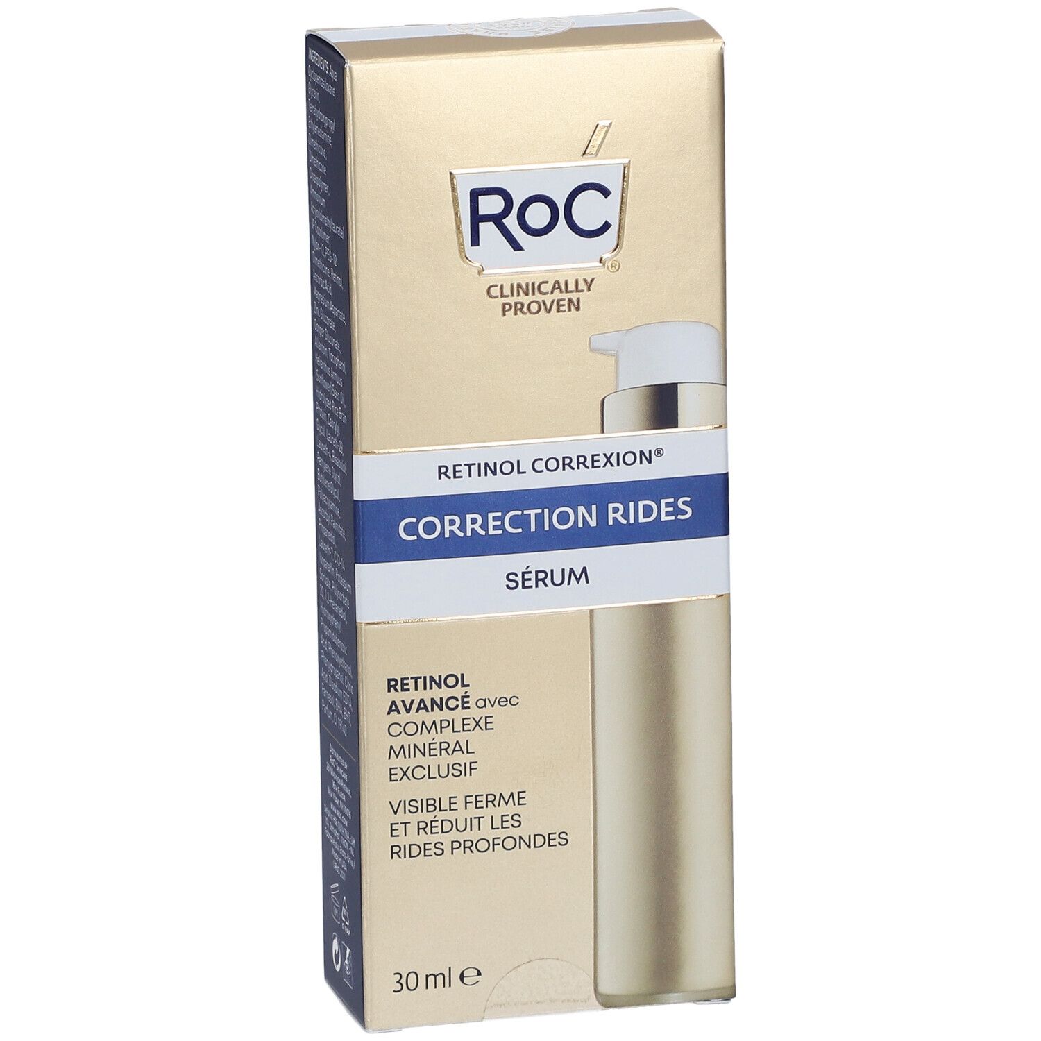 Siero RoC® per la correzione delle rughe. Flacone dorato con dosatore. Scritta: RETINOL CORREXION®.