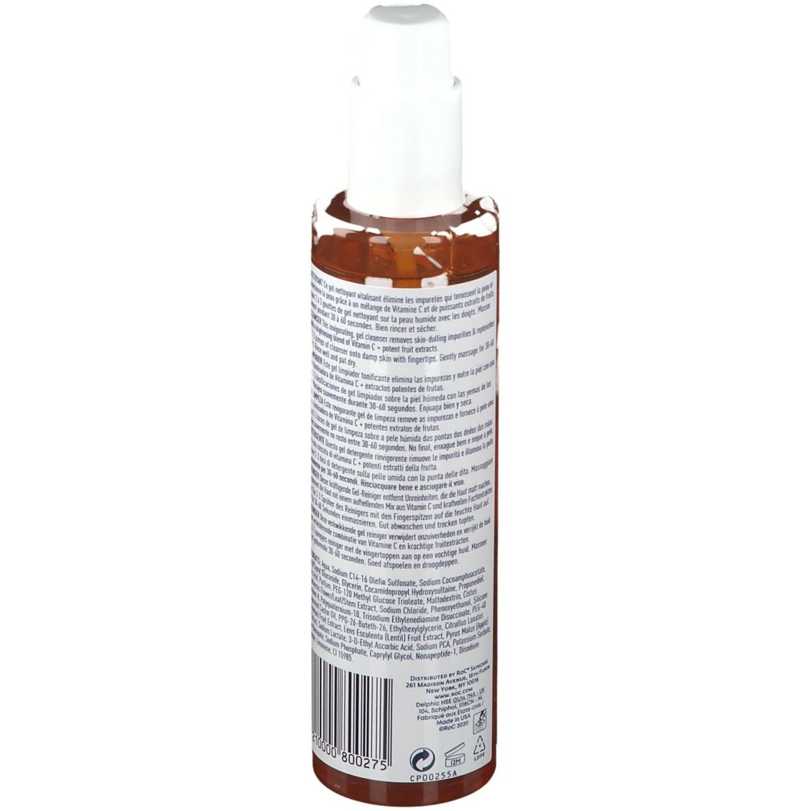 Retro del flacone di gel detergente RoC MULTI-CORREXION. Informazioni testuali e codice a barre.