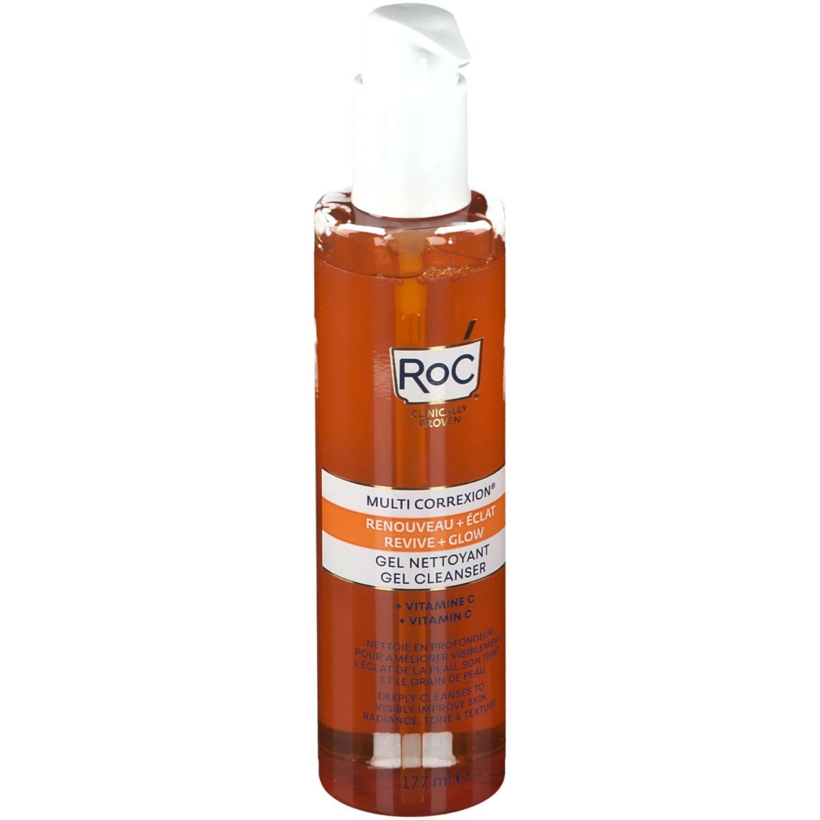 Gel detergente RoC MULTI-CORREXION. Flacone arancione con dosatore bianco. Testo: REVIVE + GLOW, Vitamina C.