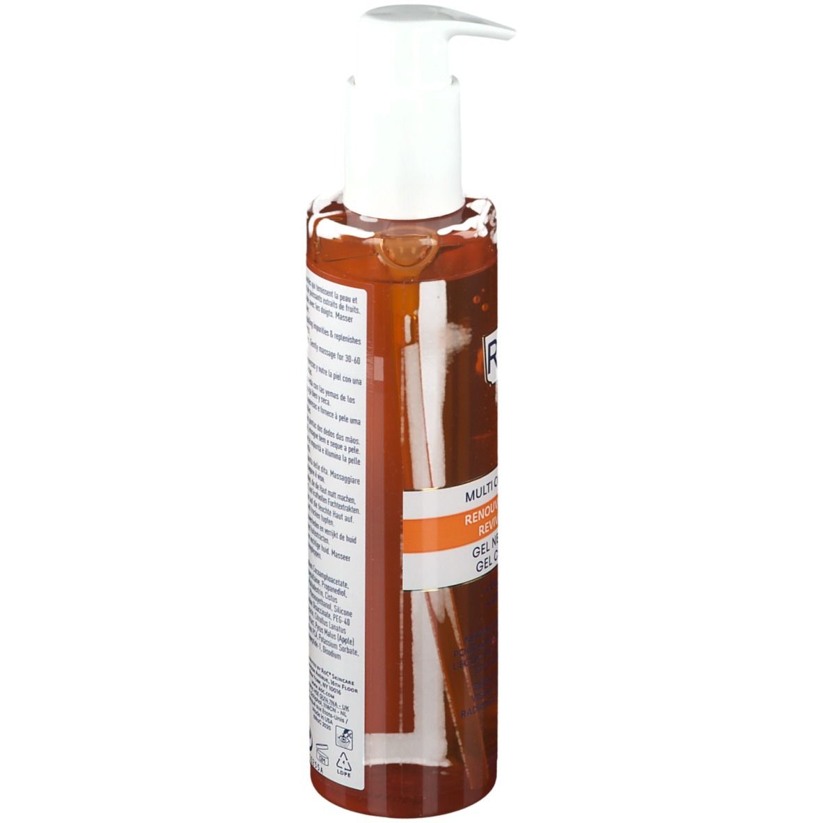 Gel detergente RoC MULTI-CORREXION. Flacone arancione con dosatore bianco. Testo: REVIVE + GLOW, Vitamina C.