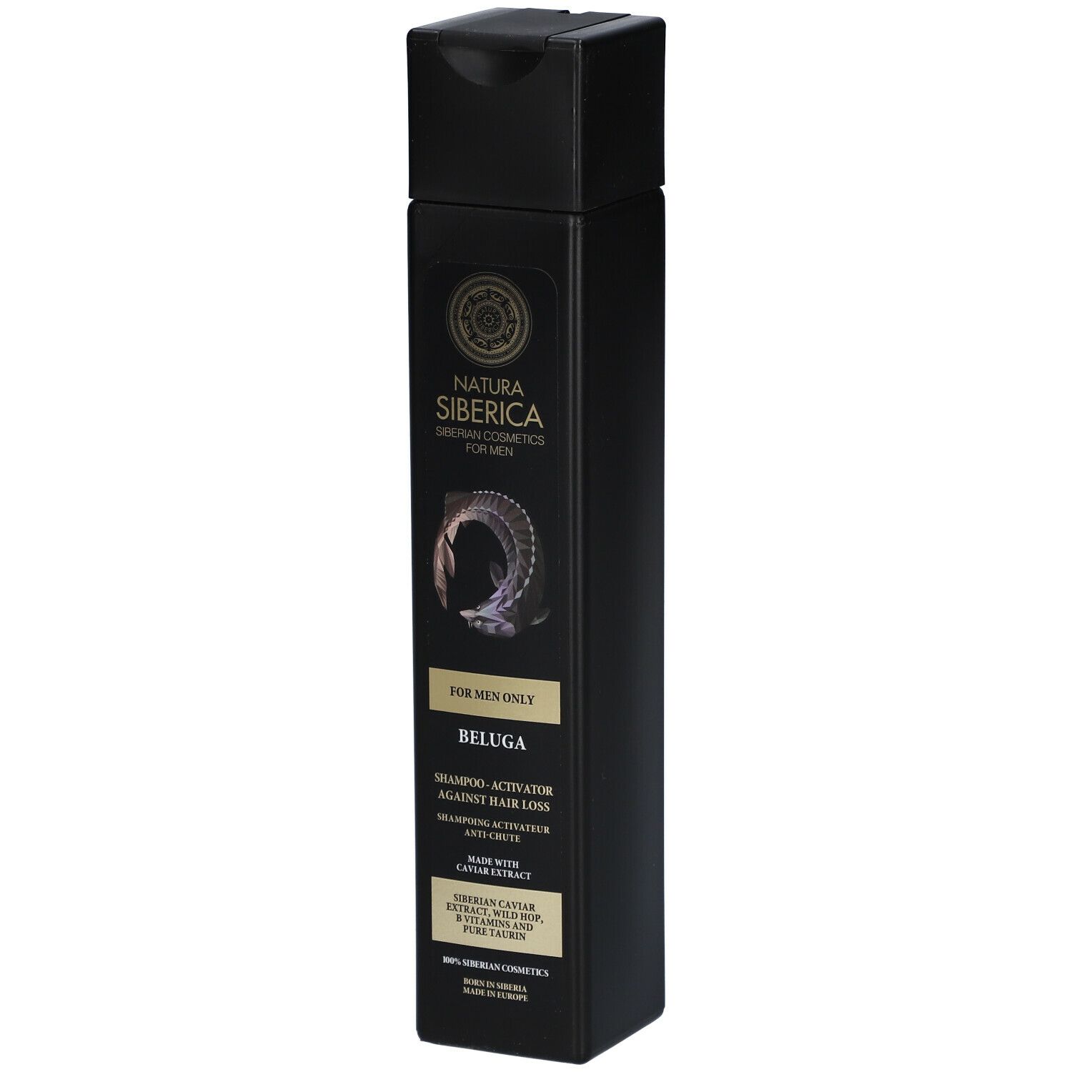 Flacone di shampoo nero con etichetta. Scritta: Natura Siberica, Beluga, Shampooing Activateur Anti-Chute de Cheveux Hommes.