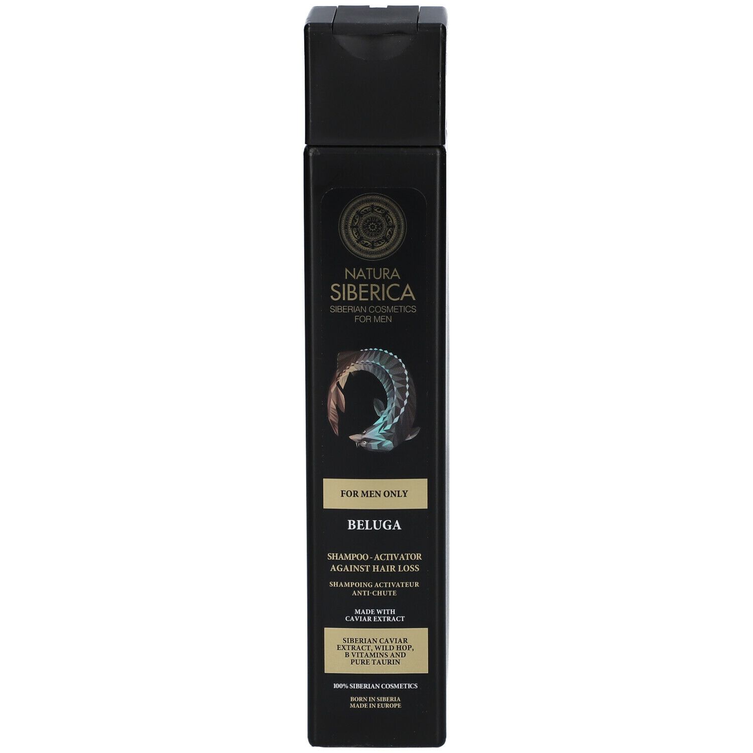 Flacone di shampoo nero con etichetta. Scritta: Natura Siberica, Beluga, Shampooing Activateur Anti-Chute de Cheveux Hommes.