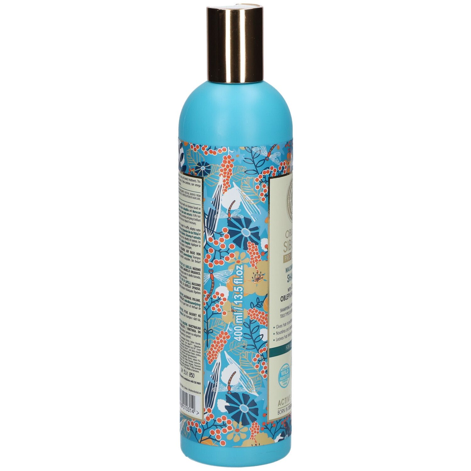 Flacone blu con motivo floreale e tappo dorato, 400 ml.