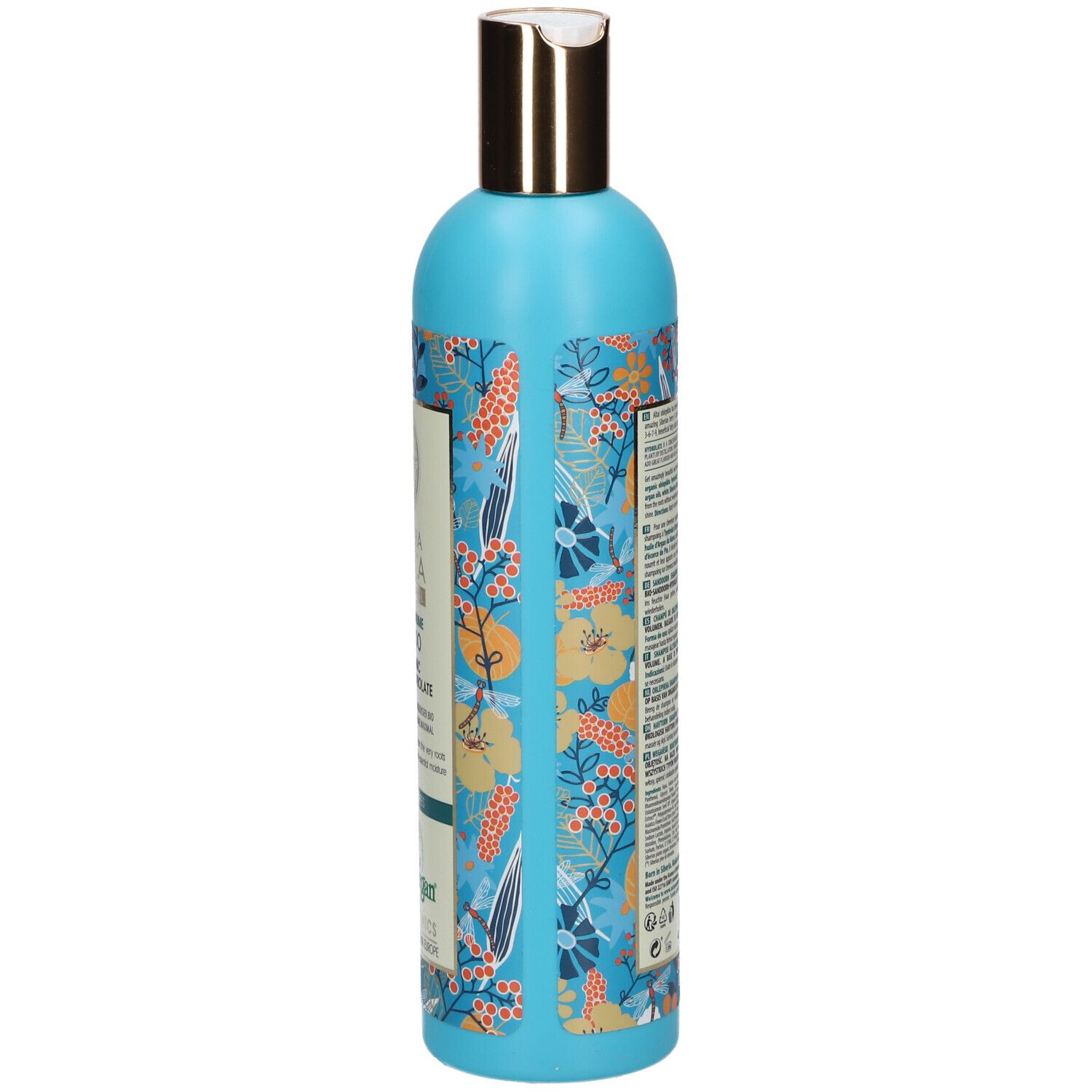 Flacone blu con motivo floreale e tappo dorato.