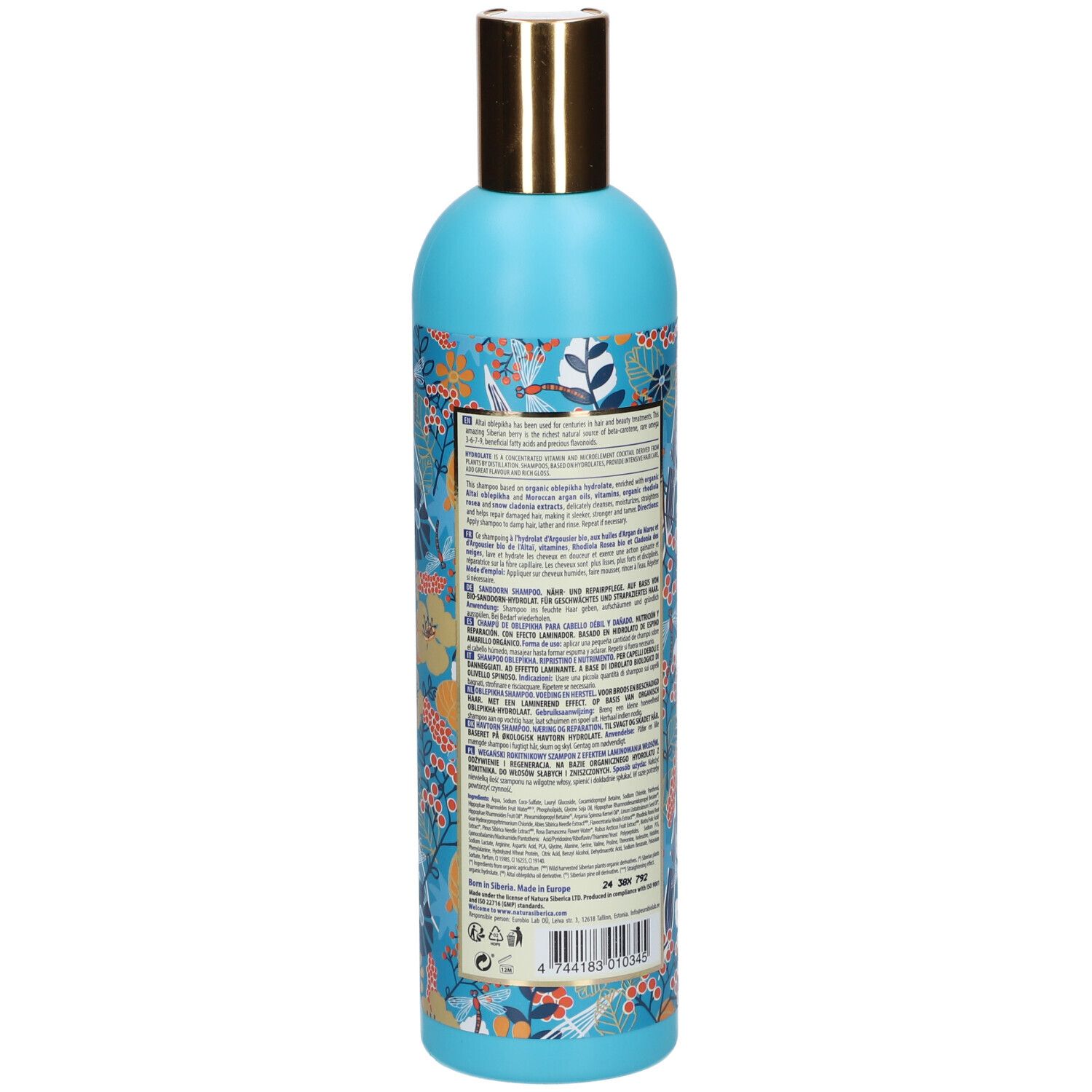 Flacone azzurro con motivi floreali e tappo dorato. Retro con informazioni sul prodotto.