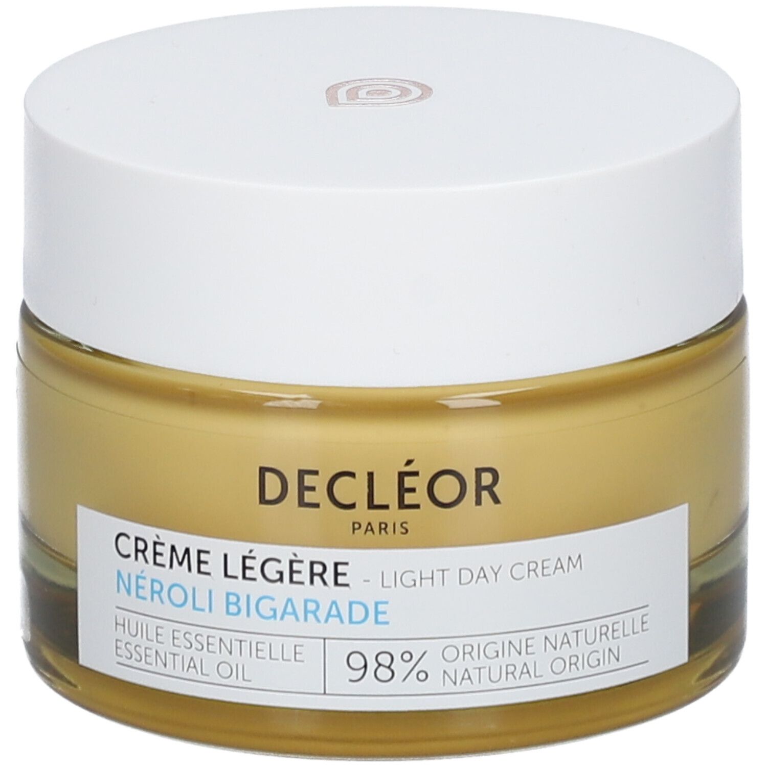 Flacone azzurro con motivi floreali e tappo dorato. Retro con informazioni sul prodotto.