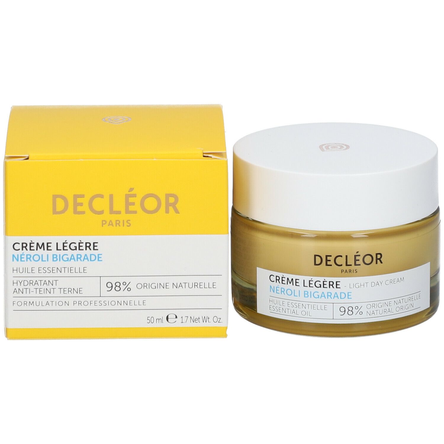 Scatola e vasetto gialli con crema. Scritta: Crème Légère, Néroli Bigarade. 98% origine naturale.