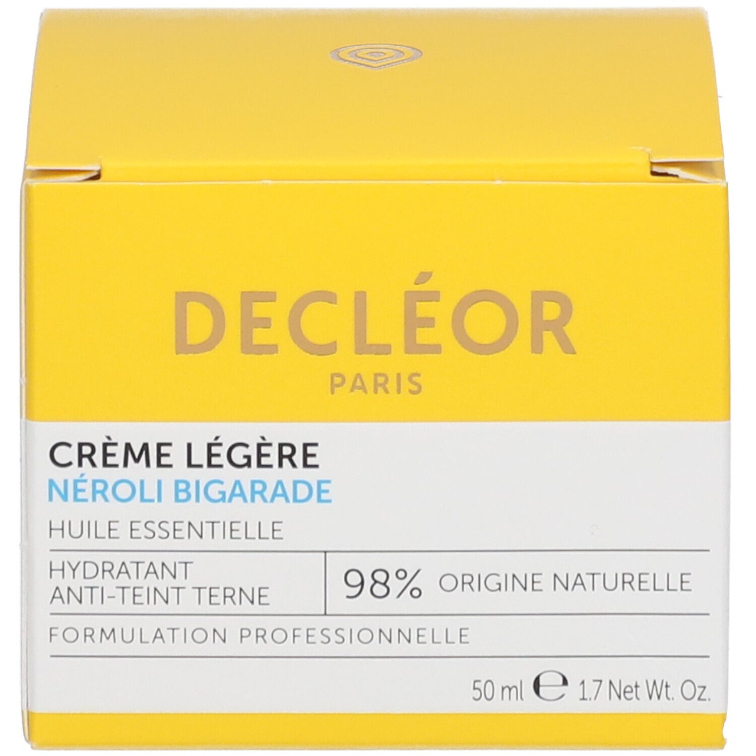 Scatola gialla con informazioni sul prodotto. Scritta: Crème Légère, Néroli Bigarade. 98% origine naturale.