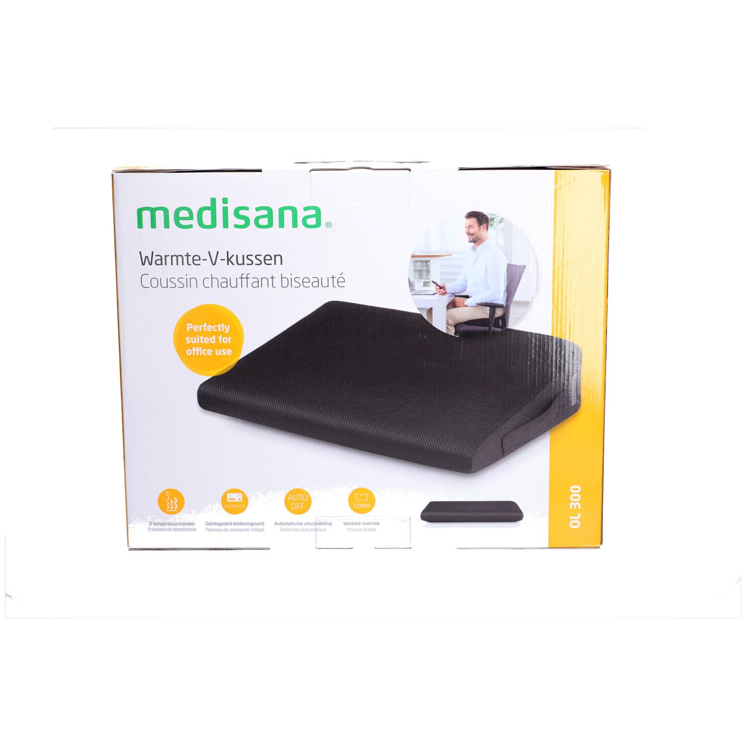 Confezione con cuscino nero. Scritta: medisana, cuscino riscaldante. Immagine di un uomo alla scrivania.