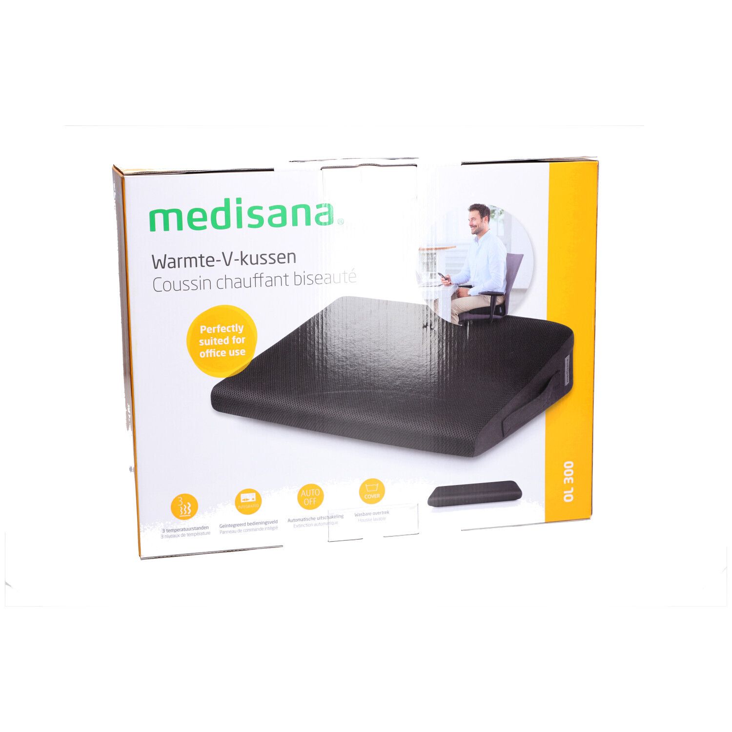 Confezione con cuscino nero. Scritta: medisana, cuscino riscaldante. Immagine di un uomo alla scrivania.