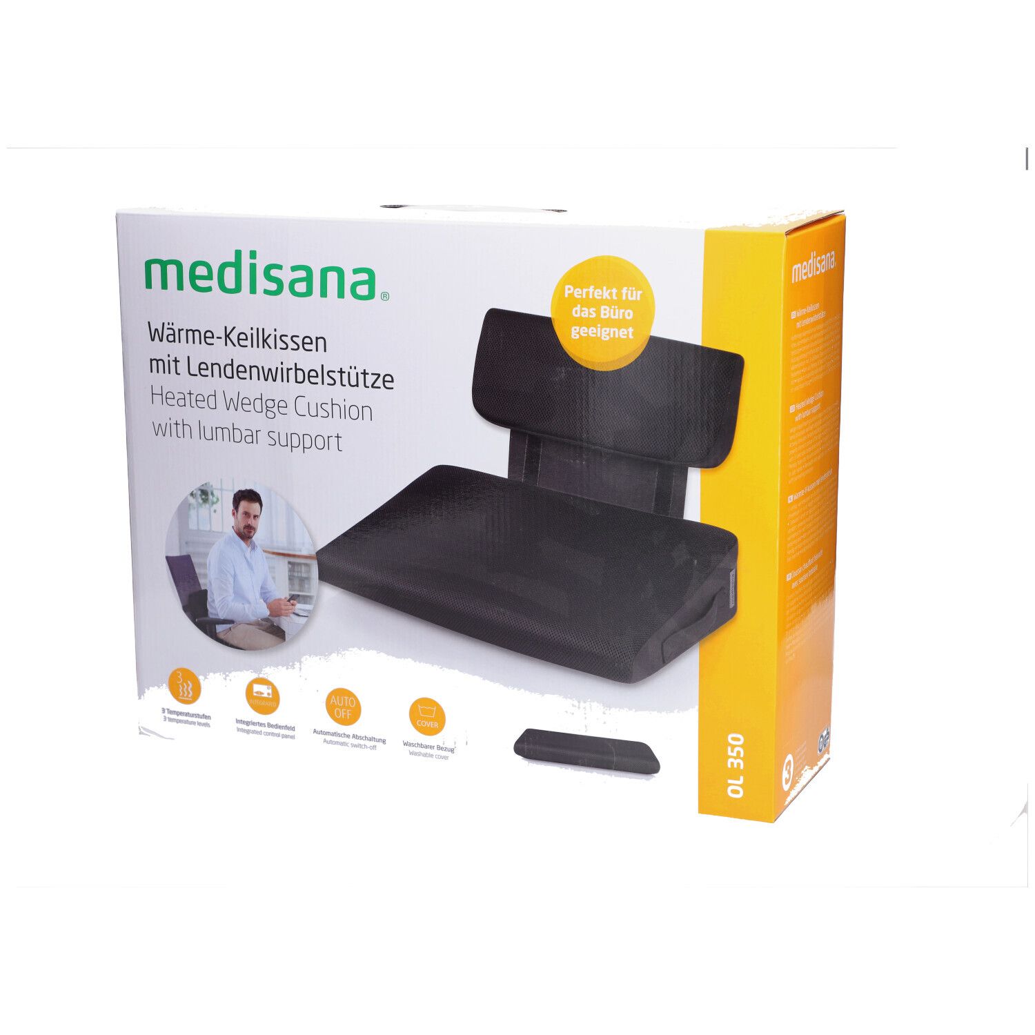 Confezione del cuscino a cuneo medisana OL 350. Scritta: medisana. Illustrazione del prodotto. Testo in tedesco e inglese.