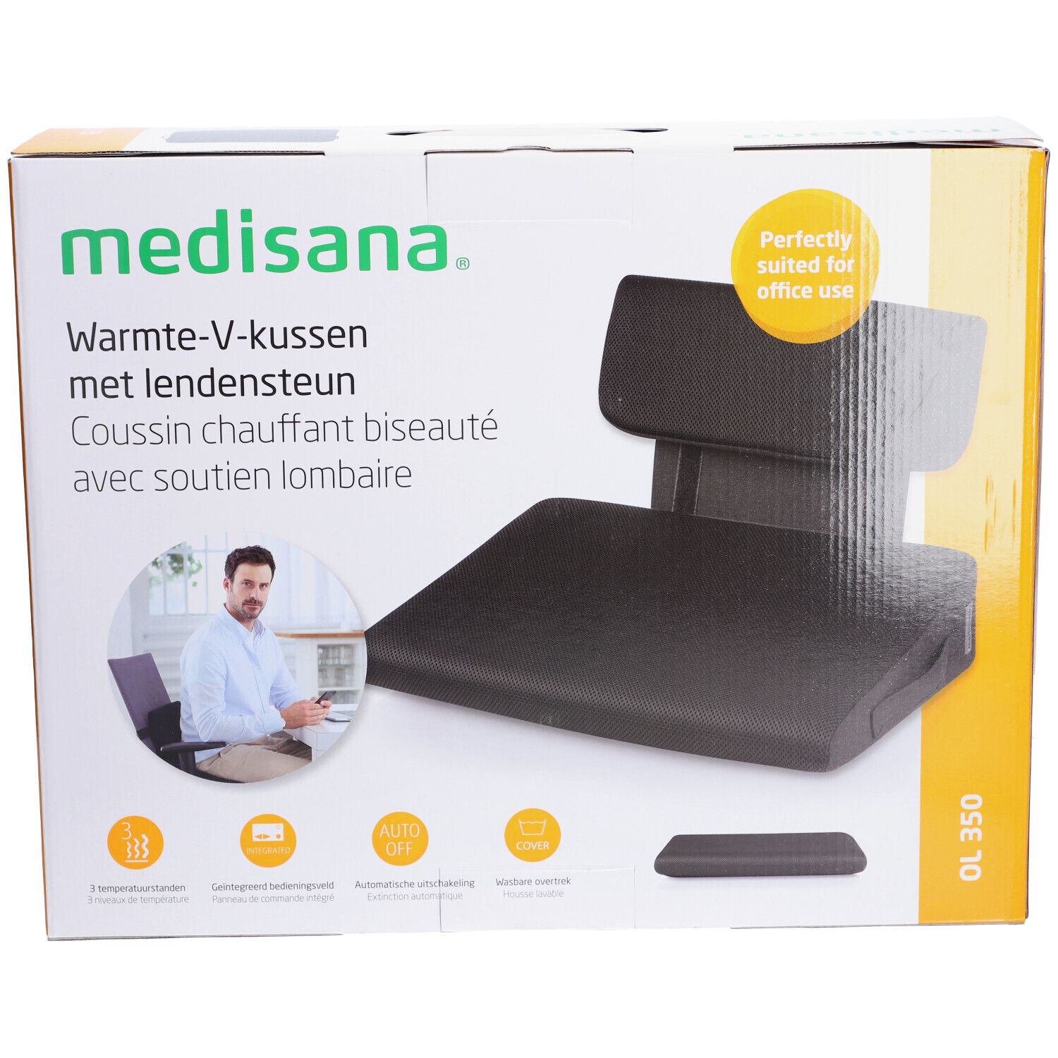 Confezione del cuscino a cuneo medisana OL 350. Cuscino nero con schienale. Scritta: medisana. Testo in tedesco e inglese.