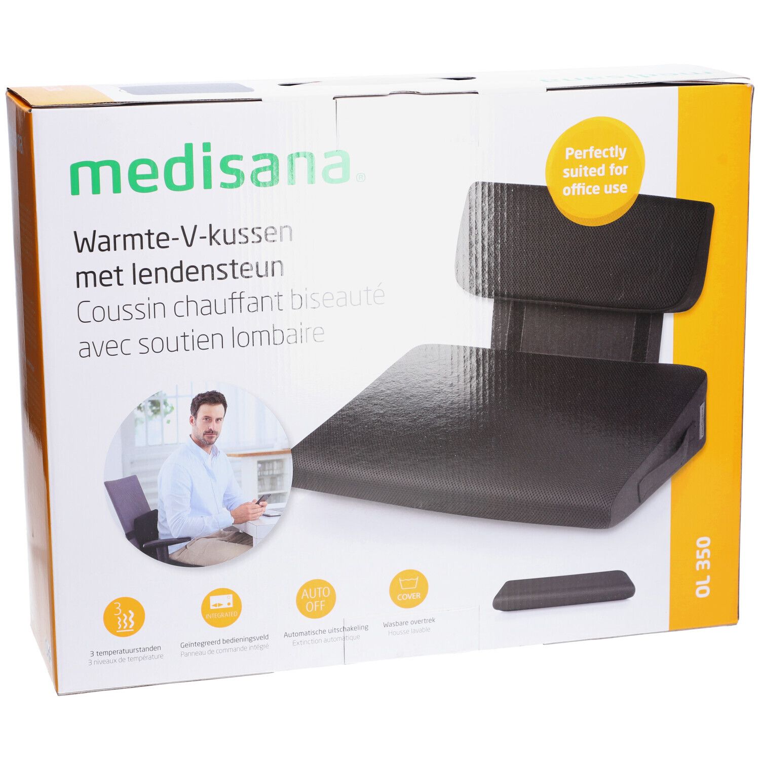 Confezione del cuscino a cuneo medisana OL 350. Cuscino nero con schienale. Scritta: medisana. Testo in tedesco e inglese.