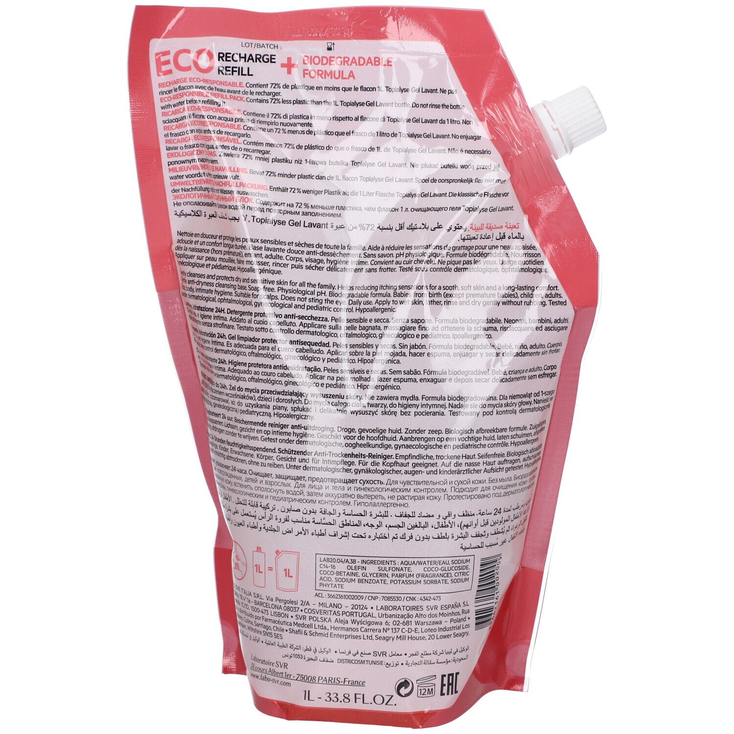 Retro di una sacca ricarica SVR TOPIALYSE gel lavante.