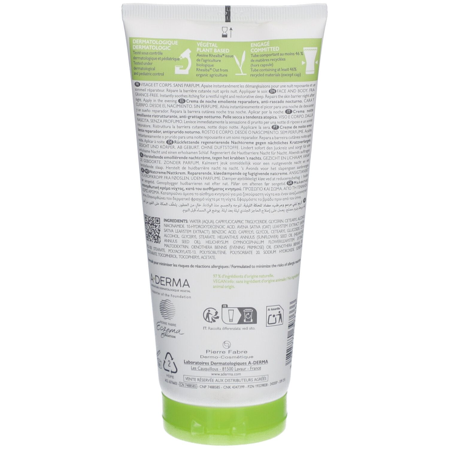 Retro del tubo di crema. Testo multilingue. Informazioni sugli ingredienti e il riciclo.