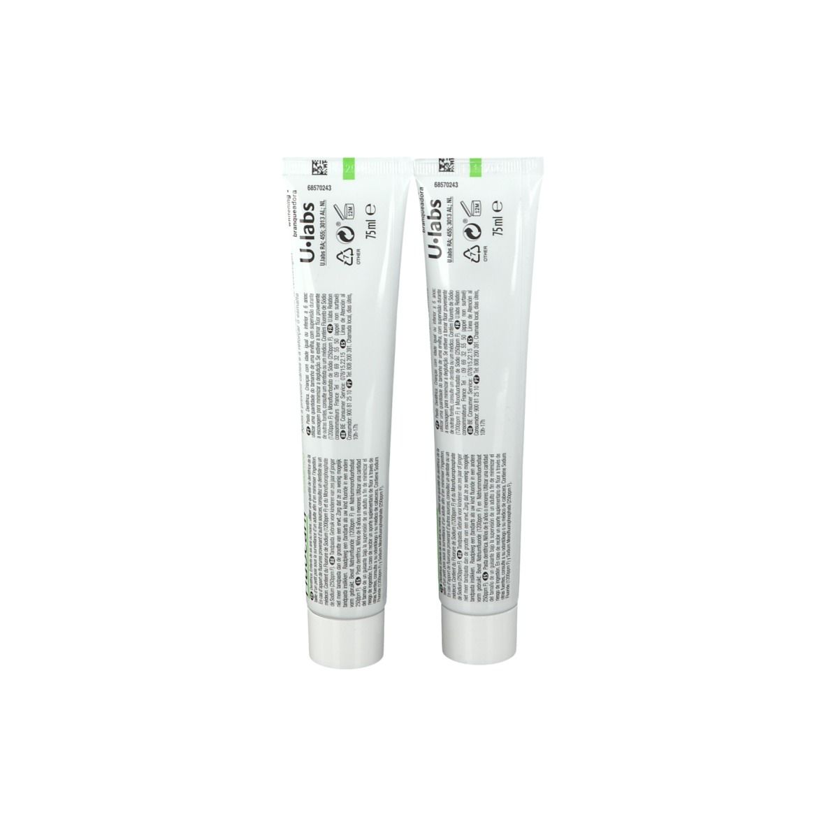 Due tubi di dentifricio. Tubi bianchi con testo verde. Contiene 75ml. Logo U-labs.