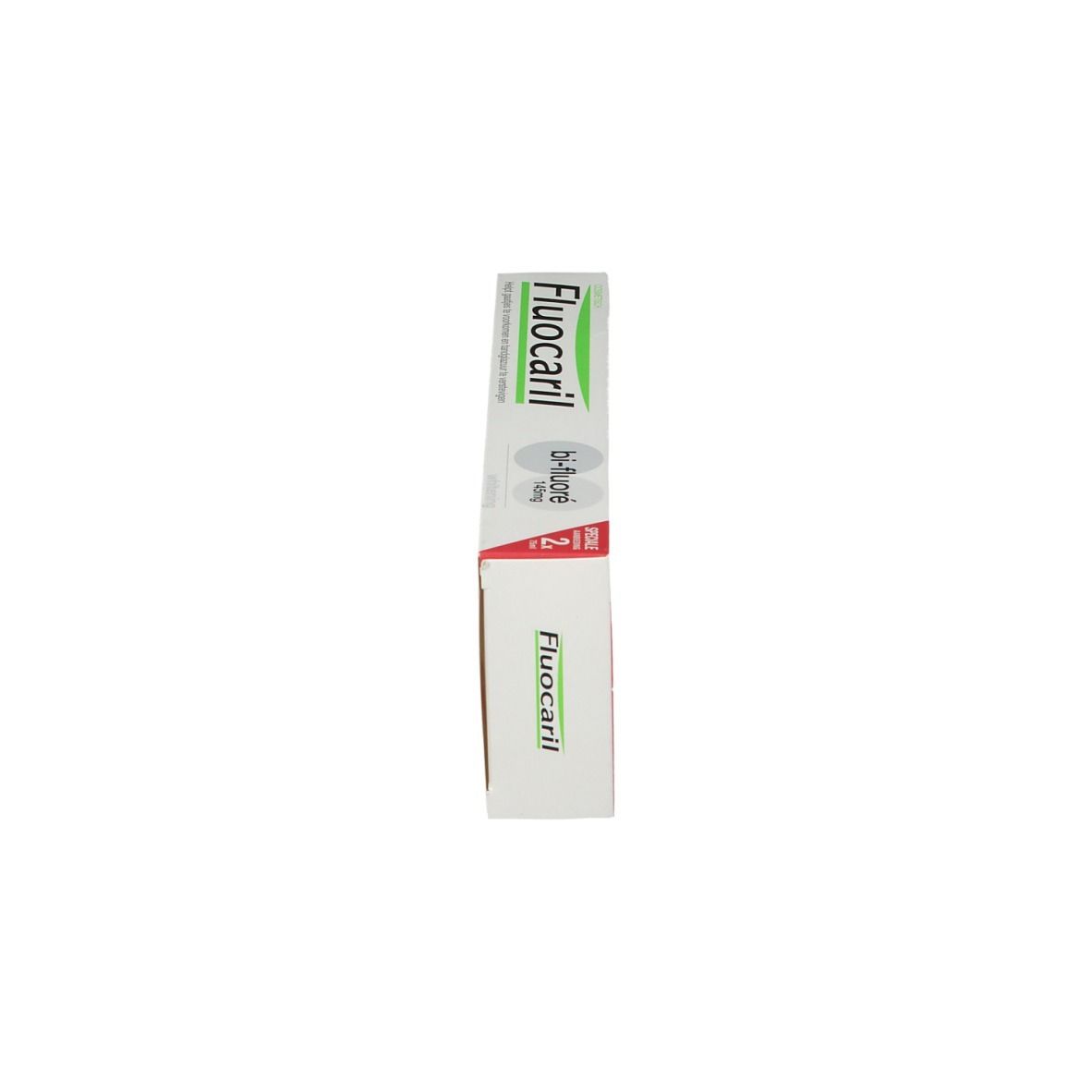 Scatola di dentifricio Fluocaril bi-fluoré. Confezione bianca e verde. Contiene 145mg di fluoruro. Vista verticale.