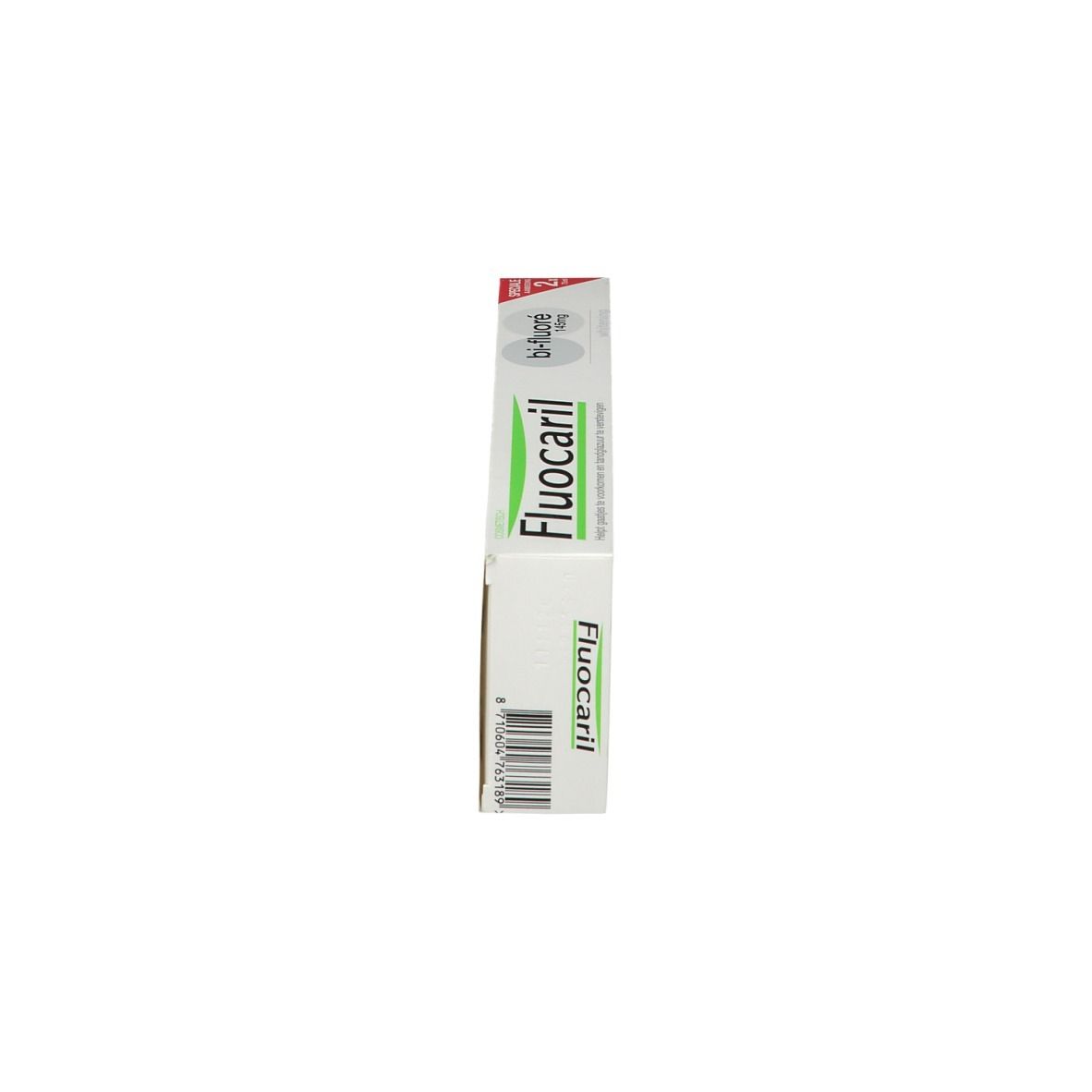 Scatola di dentifricio Fluocaril bi-fluoré. Confezione bianca e verde. Contiene 145mg di fluoruro. Vista laterale.