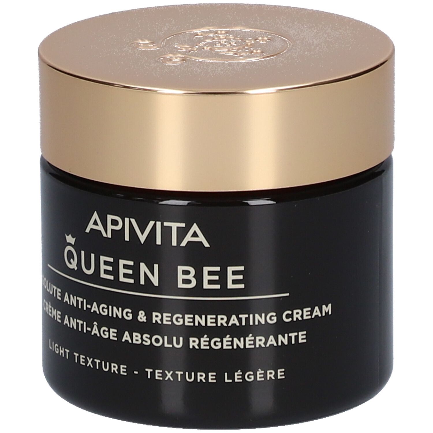 Vaso scuro con coperchio dorato. Scritta: APIVITA QUEEN BEE Absolute Anti-Aging Creme.