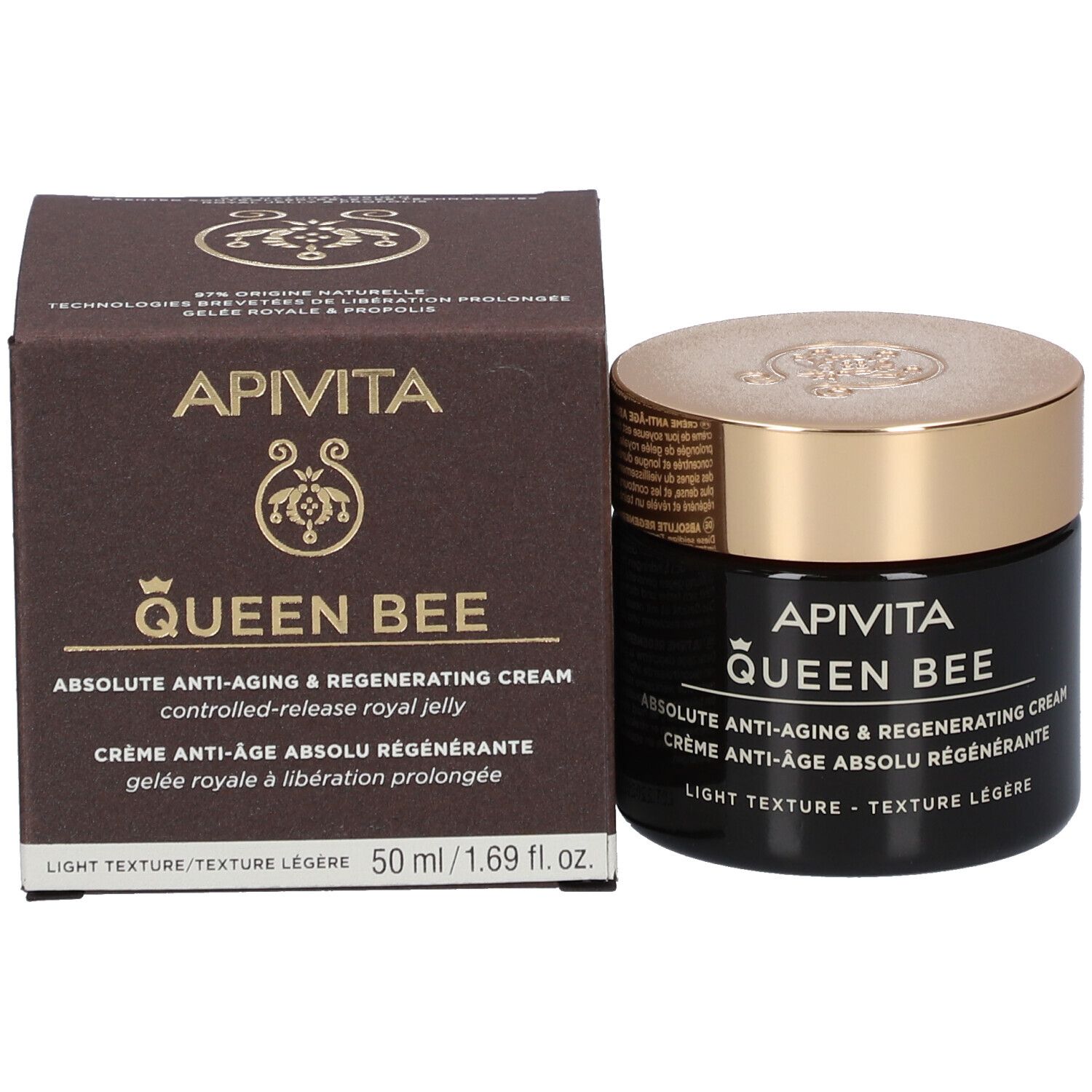 Confezione del prodotto con vasetto e scatola. Scritta: APIVITA QUEEN BEE Absolute Anti-Aging Creme.