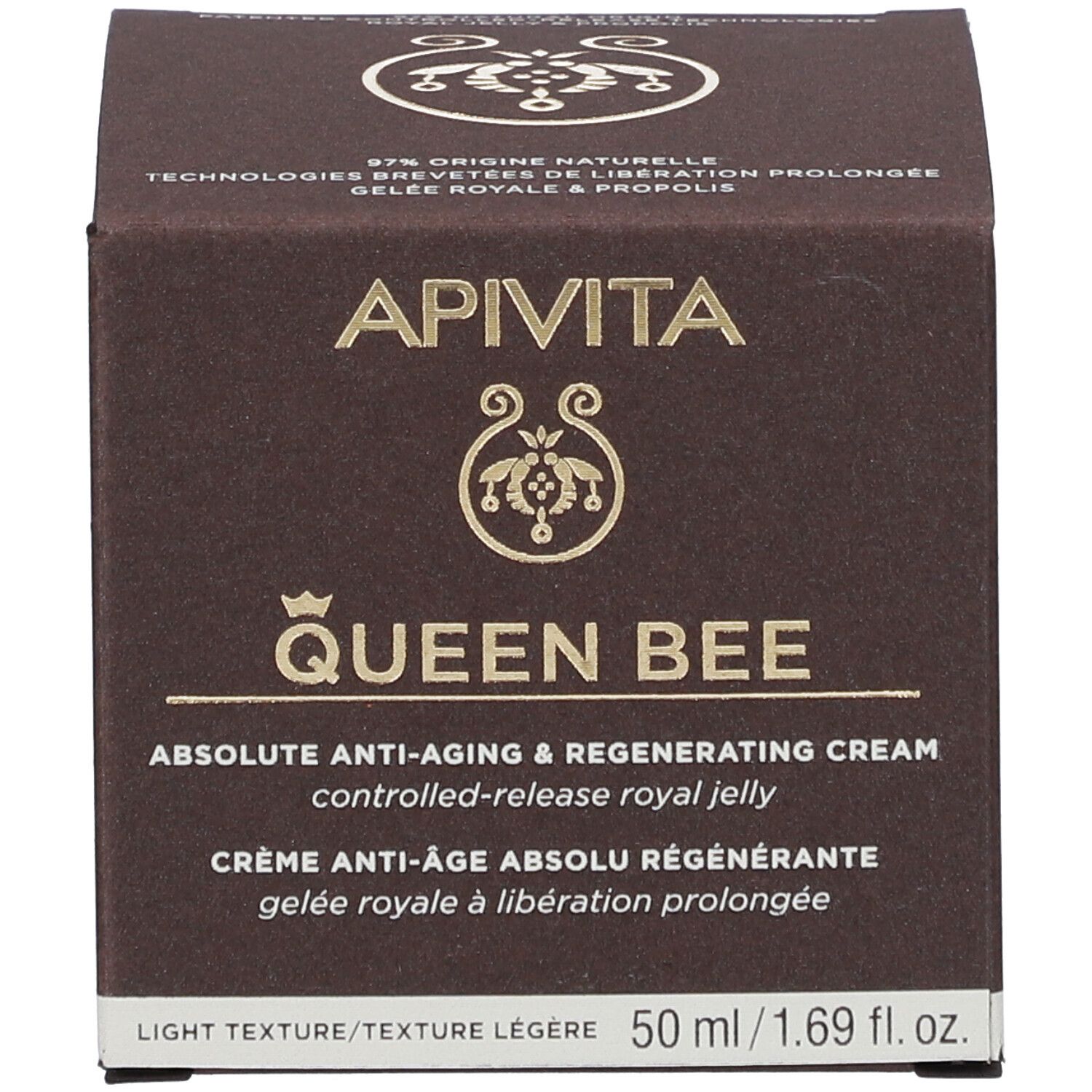 Confezione del prodotto, scatola marrone. Scritta: APIVITA QUEEN BEE Absolute Anti-Aging Creme.