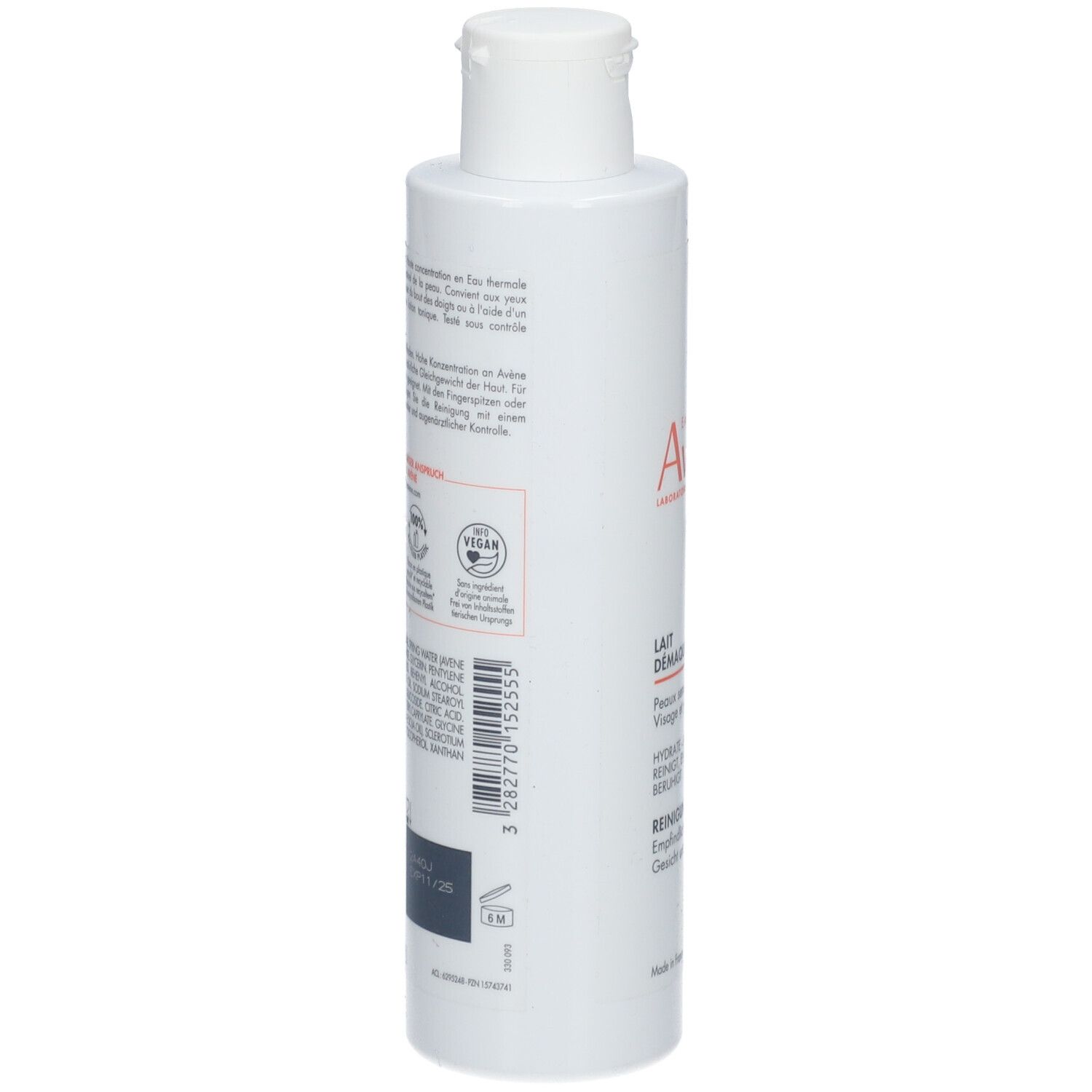Flacone bianco con tappo bianco a ribalta. Include certificazione vegana e informazioni sul prodotto.