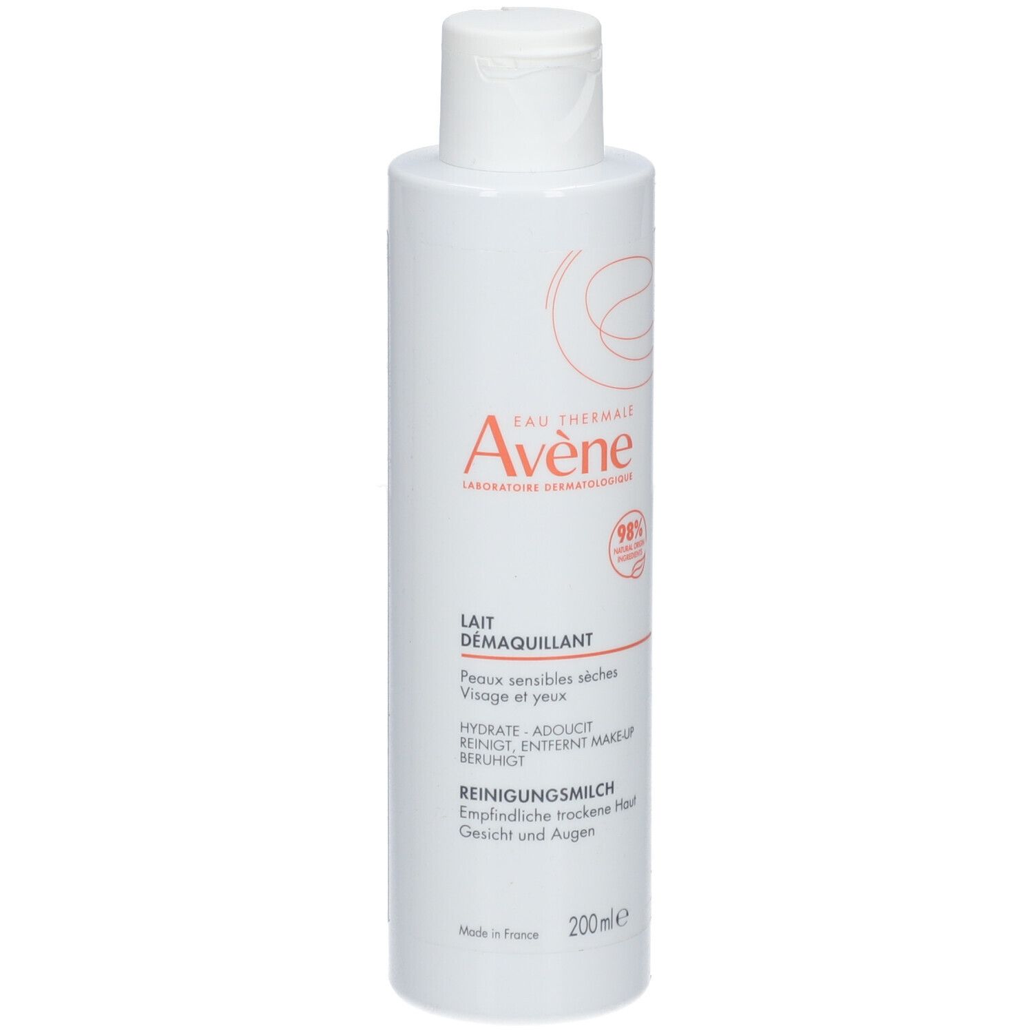 Flacone bianco Avene Latte Detergente, 200ml, per pelli sensibili e secche.