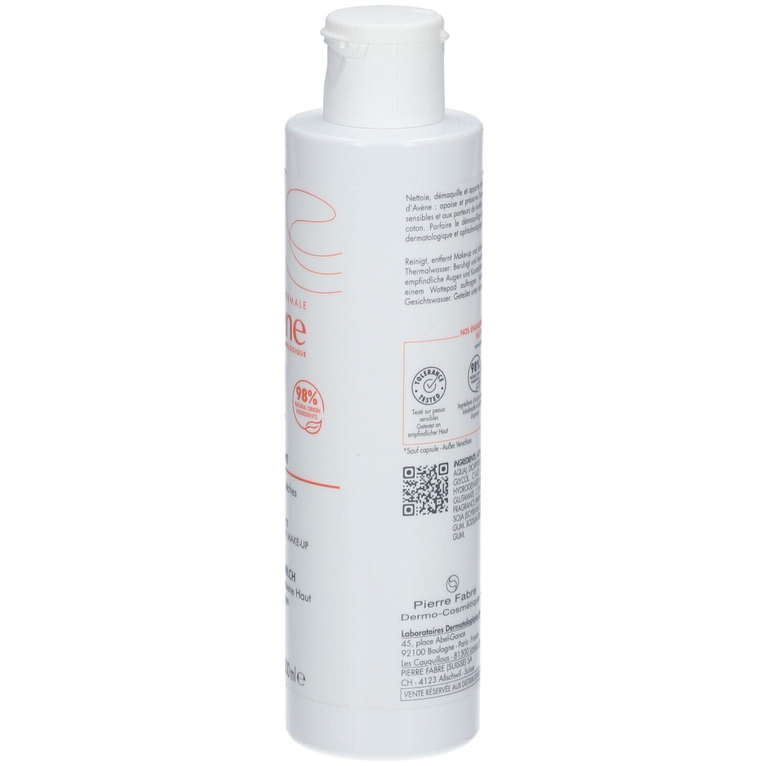 Flacone bianco con tappo a scatto, 200ml. Contiene testo e sigilli.