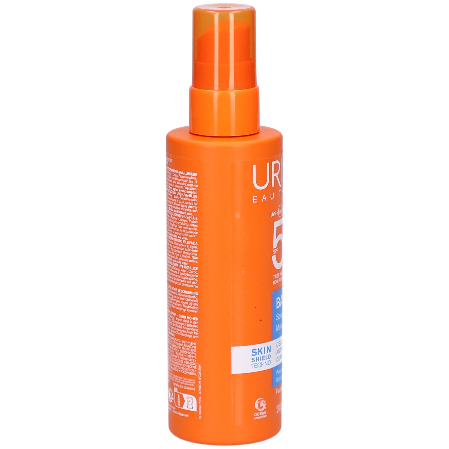 Retro del flacone spray arancione. Testo in caratteri bianchi.