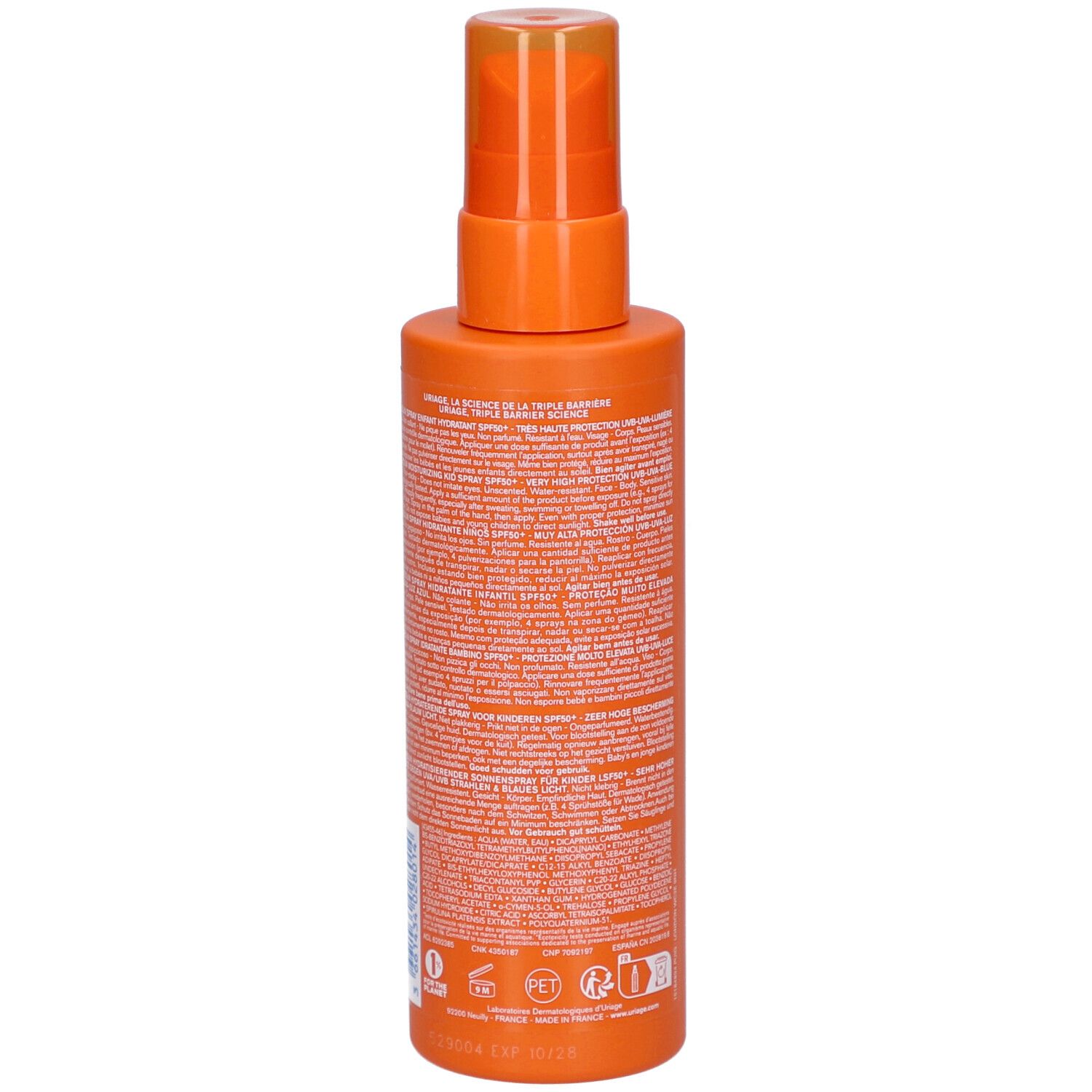 Retro del flacone spray arancione. Testo in caratteri bianchi.