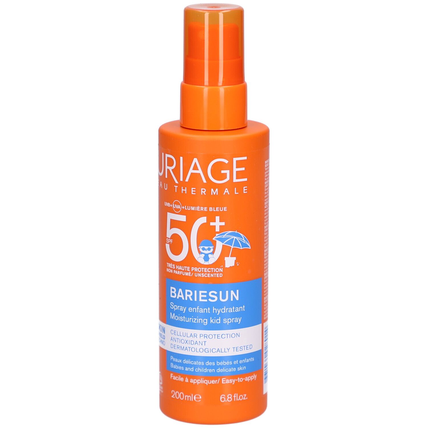 Flacone spray arancione con testo bianco. Contiene protezione solare per bambini SPF 50+.