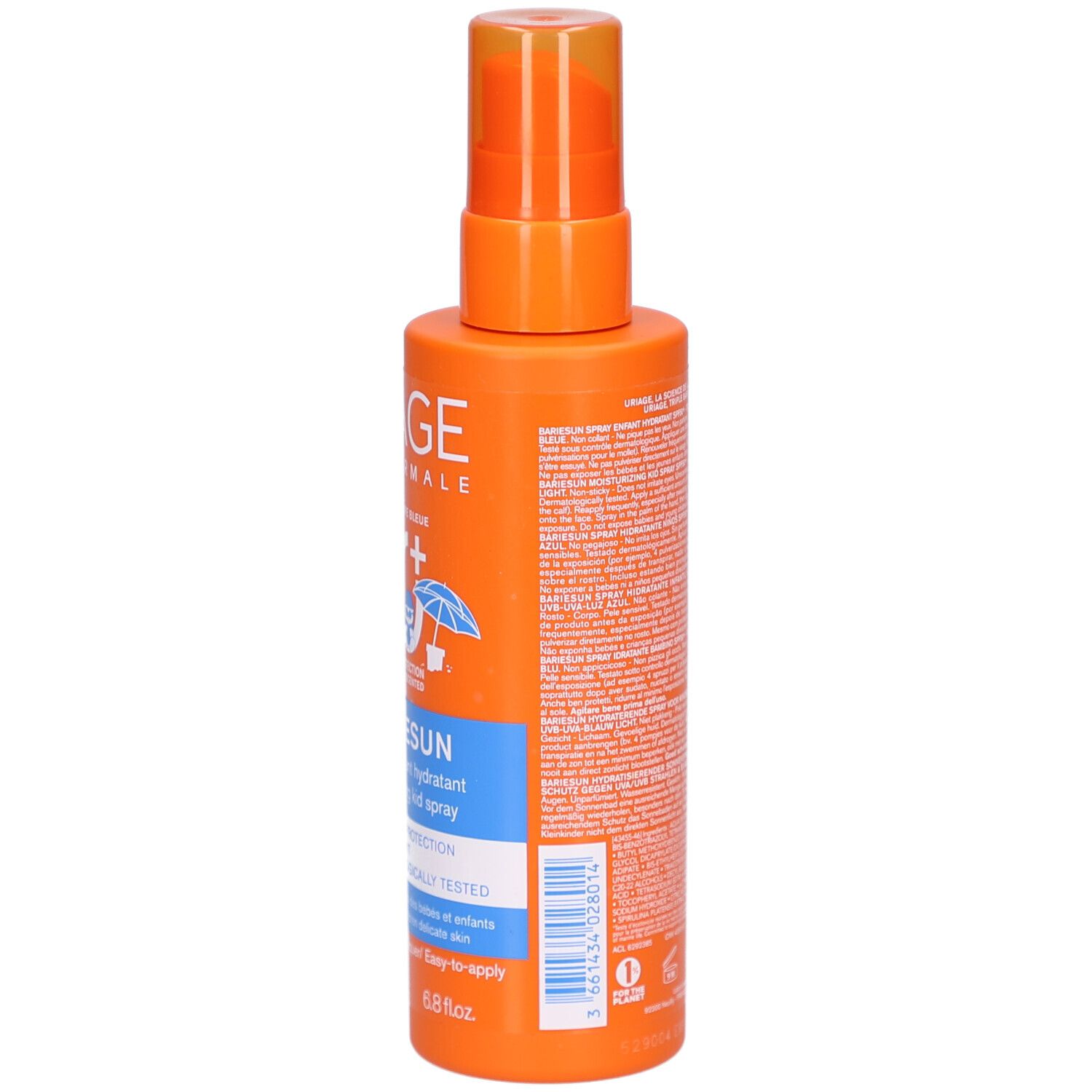 Vista laterale del flacone spray arancione. Testo in caratteri bianchi.