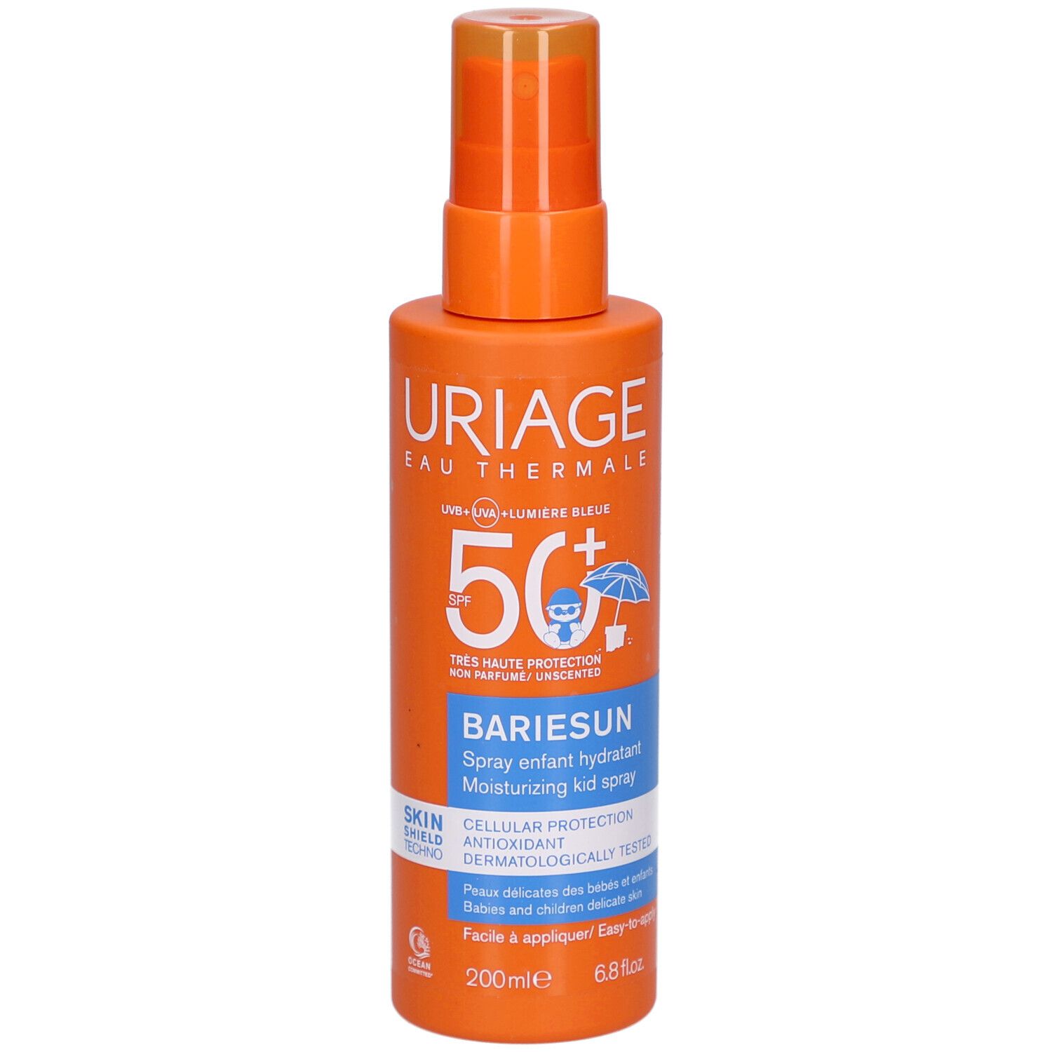 Flacone spray arancione con testo bianco. Contiene protezione solare per bambini SPF 50+.