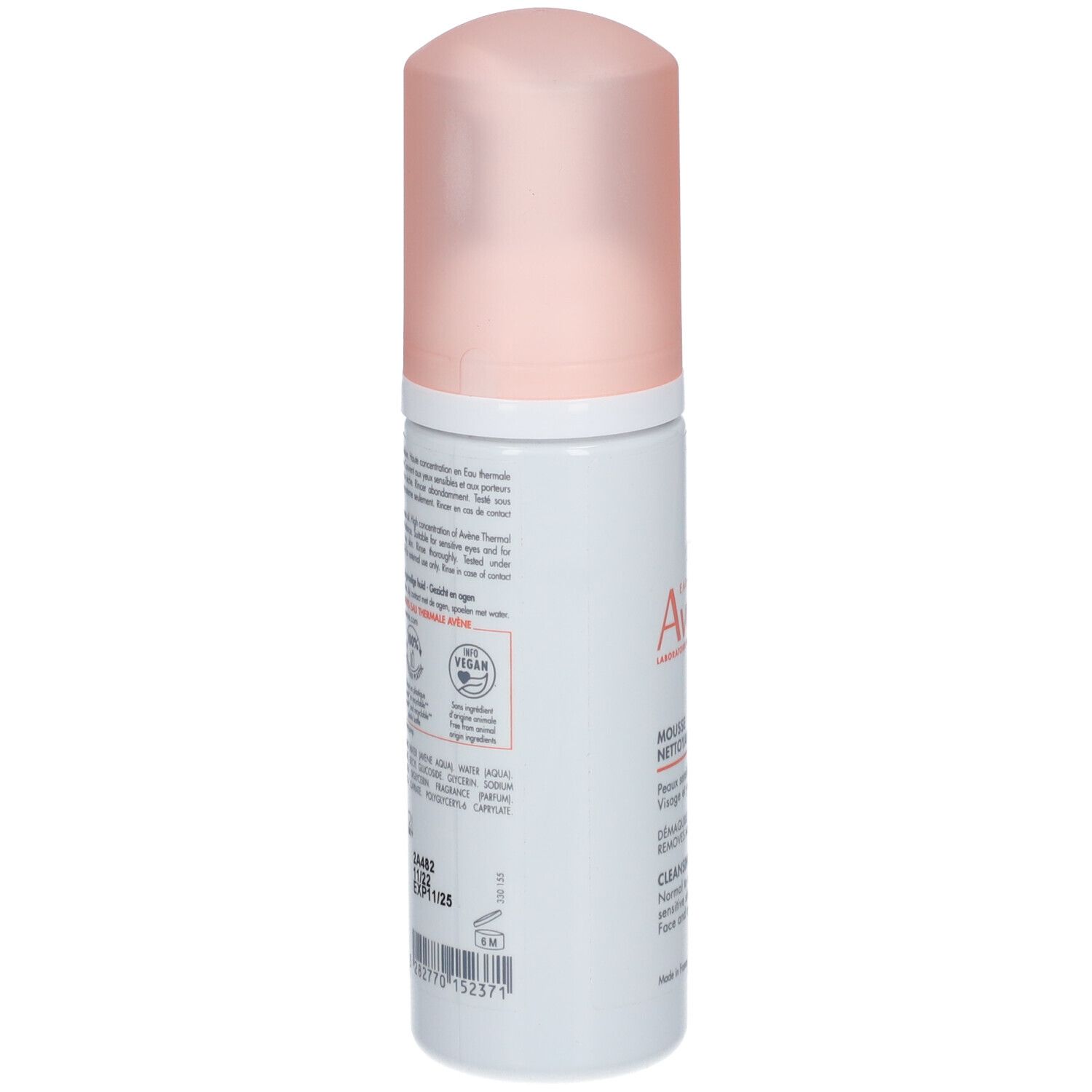 Retro del flacone di Avene Mousse Nettoyante. Bianco, tappo rosa. Testo: ingredienti, sigillo Vegan, data di scadenza, produttore.
