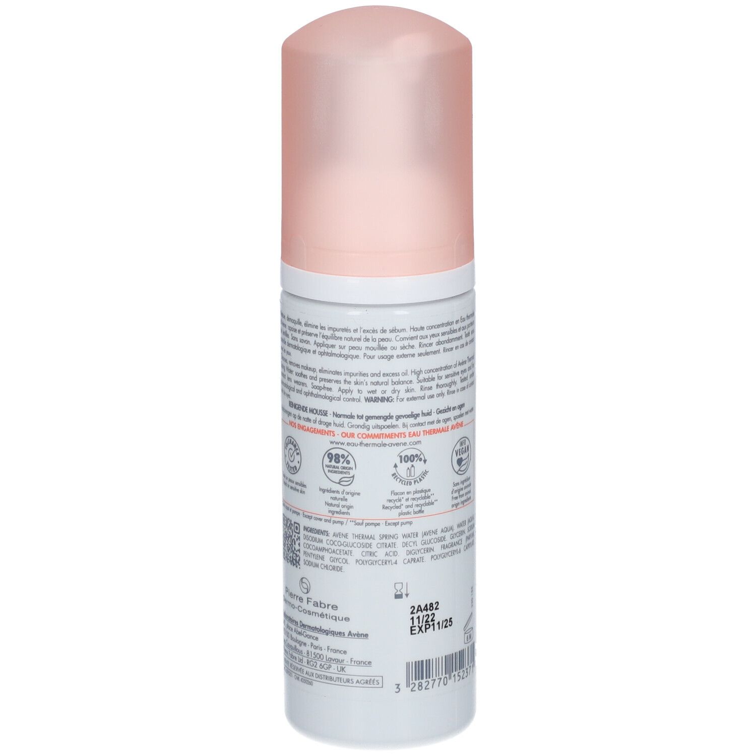 Retro del flacone di Avene Mousse Nettoyante. Bianco, tappo rosa. Testo: ingredienti, sigillo Vegan, data di scadenza, produttore.