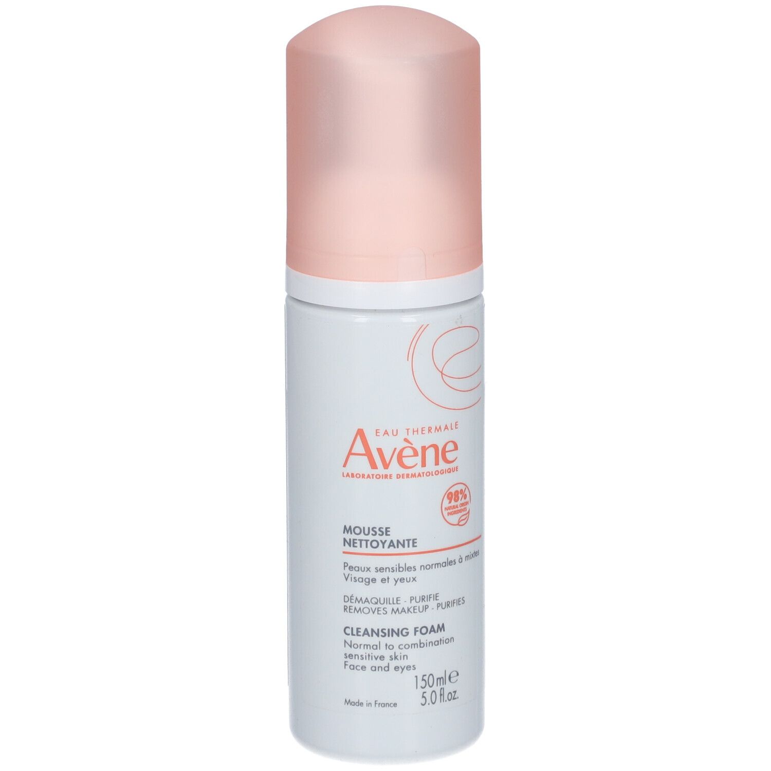 Flacone di Avene Mousse Nettoyante, bianco e rosa. Testo: Mousse Nettoyante, Cleansing Foam, per pelli da normali a miste.