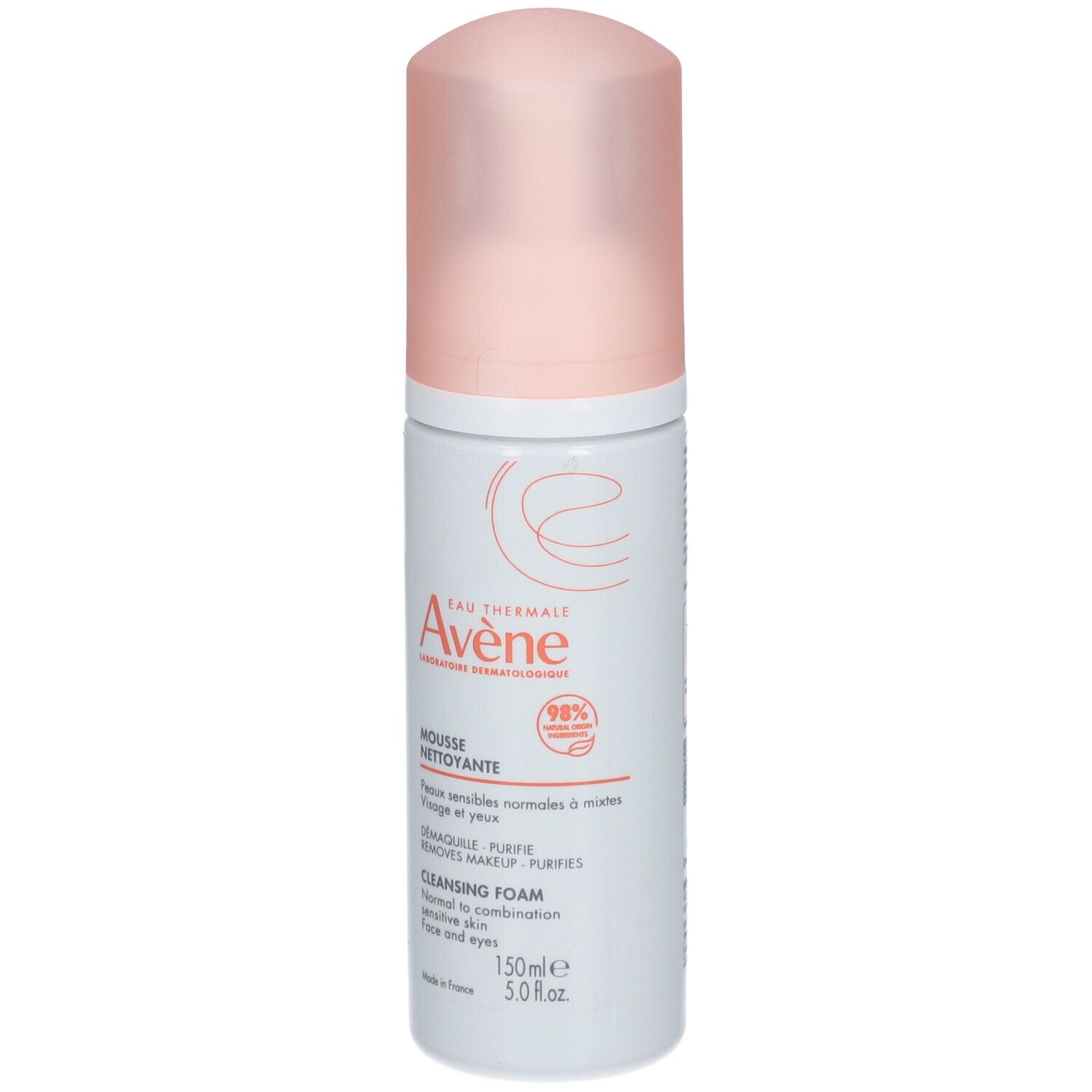 Flacone di Avene Mousse Nettoyante, bianco e rosa. Testo: Mousse Nettoyante, Cleansing Foam, per pelli da normali a miste.