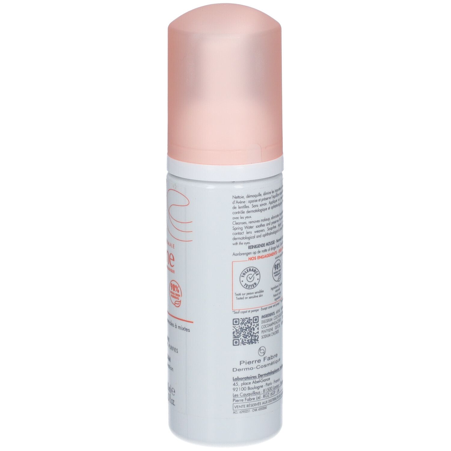 Retro del flacone di Avene Mousse Nettoyante. Bianco, tappo rosa. Testo: ingredienti, sigillo Vegan, data di scadenza, produttore.
