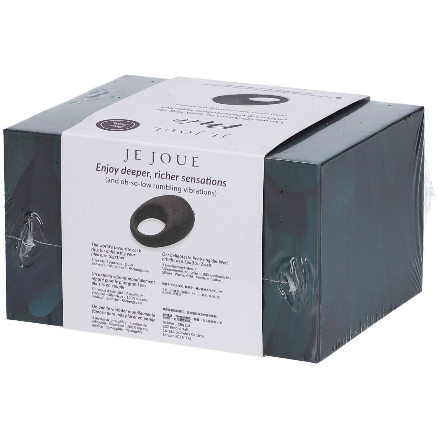 Confezione di un anello vibrante nero con scritta 'JE JOUE'.