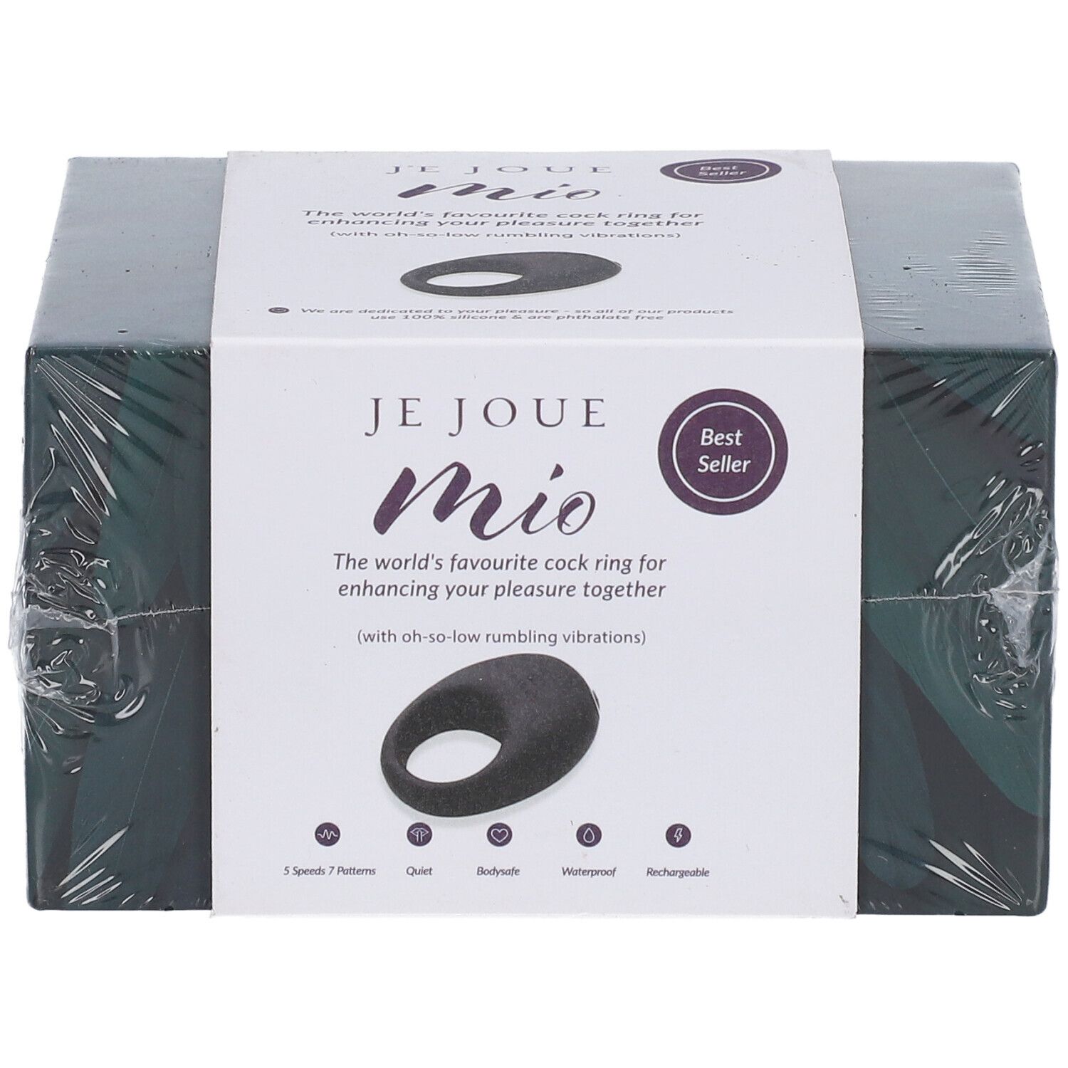 Confezione di un anello vibrante nero 'Mio' di Je Joue. Scritte: 'Best Seller', '10 Speeds/Patterns', 'Quiet', 'Body safe', 'Waterproof', 'Rechargeable'.