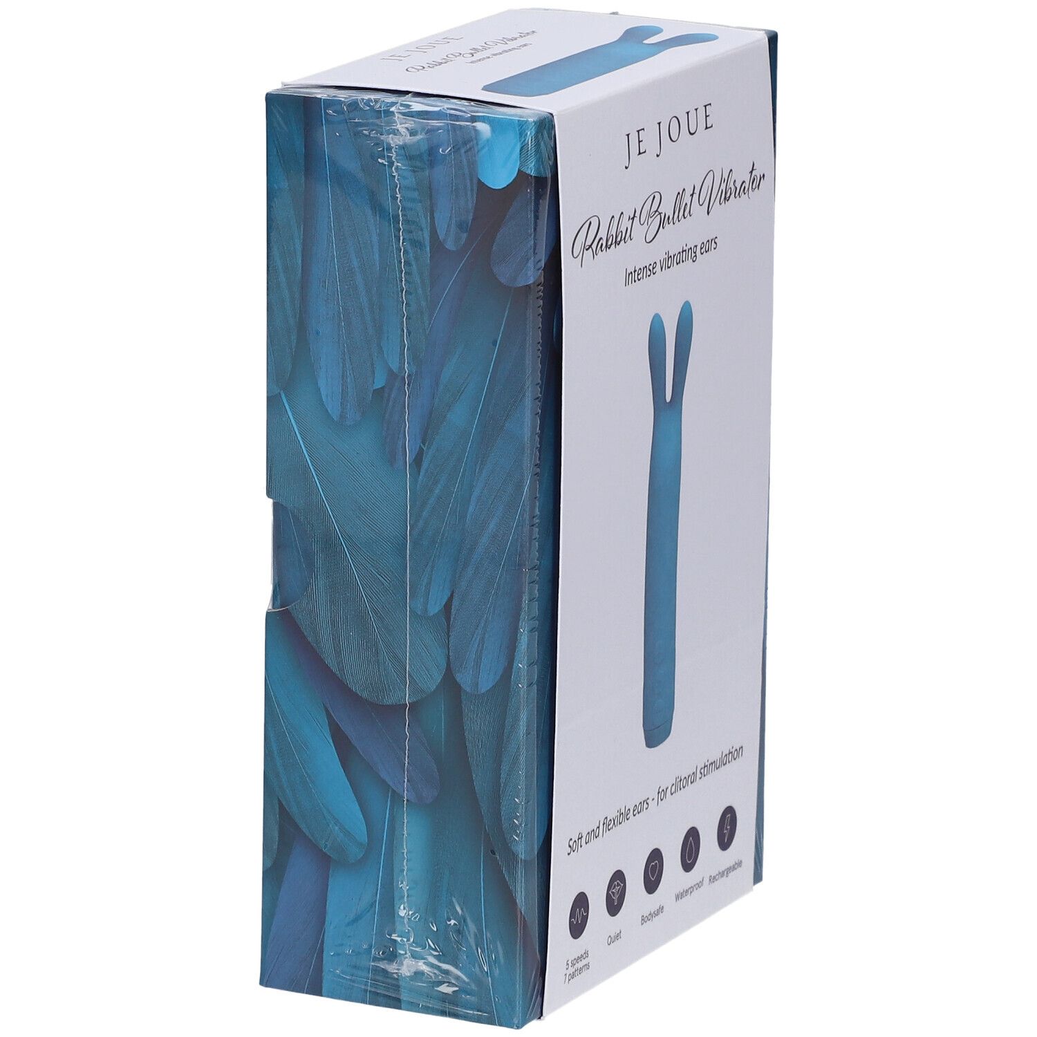 Confezione di un vibratore blu a forma di coniglio. Marchio: Je Joue. Testo: Rabbit Bullet Vibrator, Intense vibrating ears.