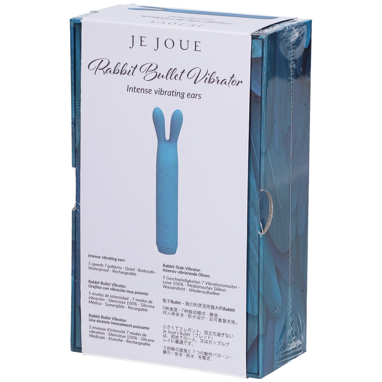 Confezione di un vibratore blu a forma di coniglio. Marchio: Je Joue. Testo: Rabbit Bullet Vibrator, Intense vibrating ears.